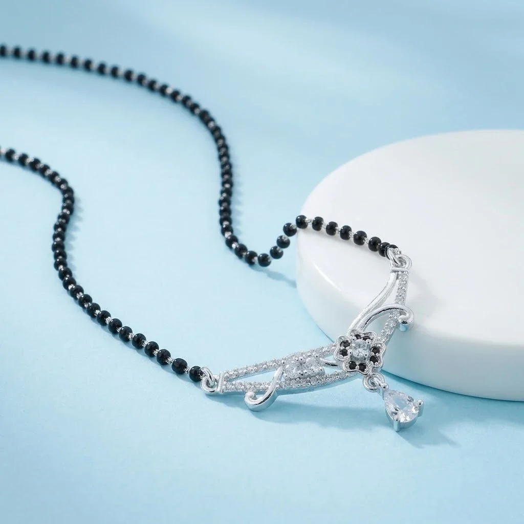 Exquisite Floral Design Silver Mangalsutra with White Gemstone
