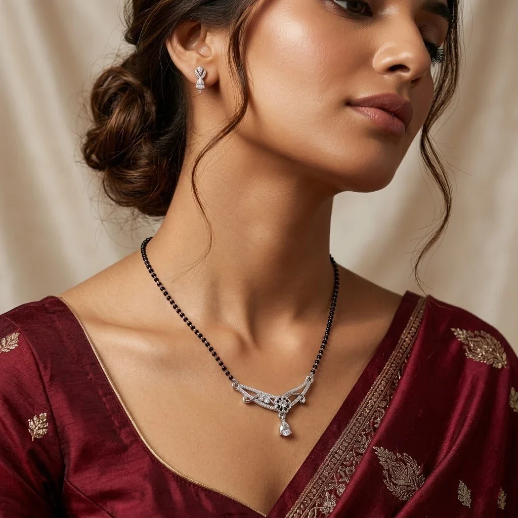 Exquisite Floral Design Silver Mangalsutra with White Gemstone - Image 2