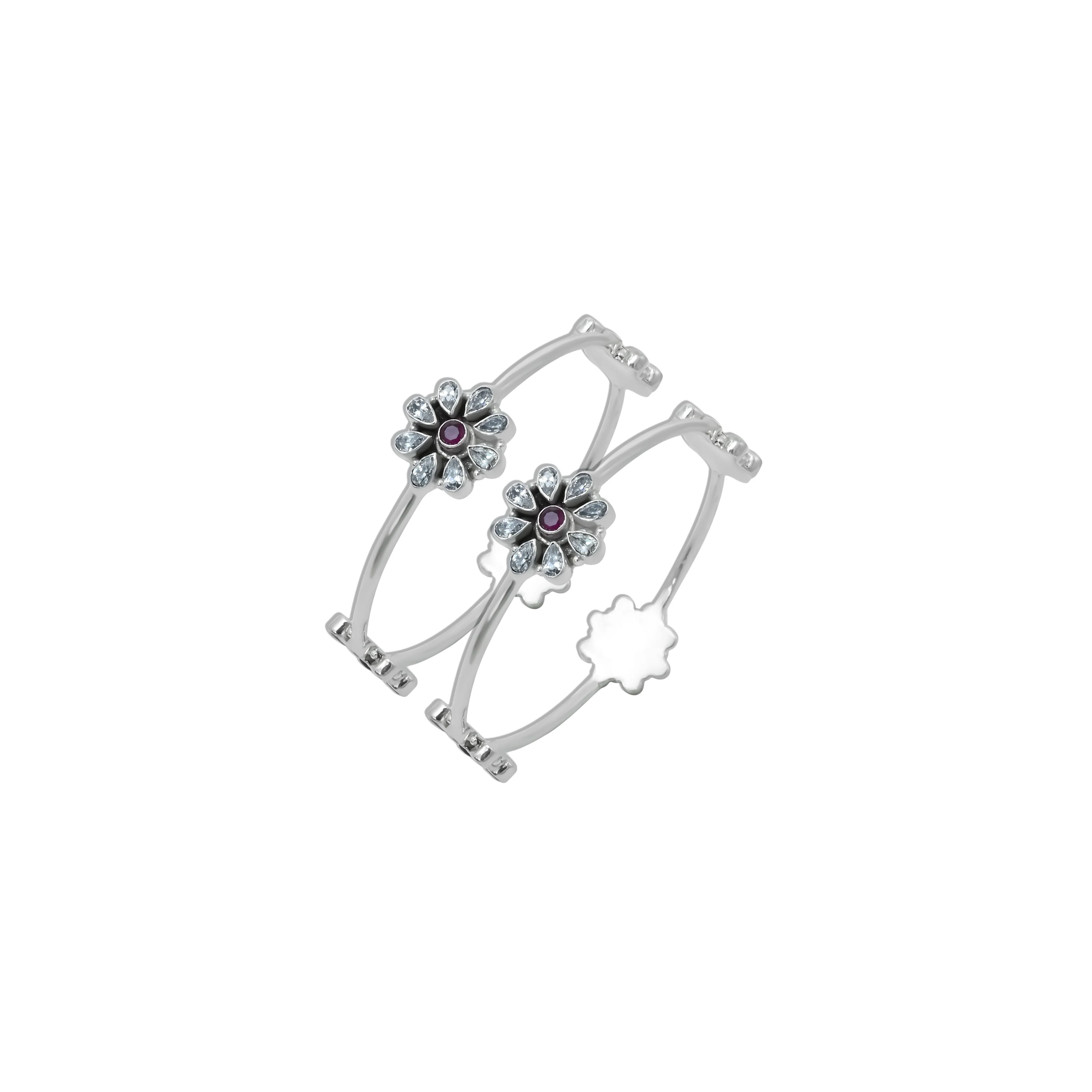 Exquisite Silver Kada Featuring Flower Design with Embedded Gemstones - Image 2