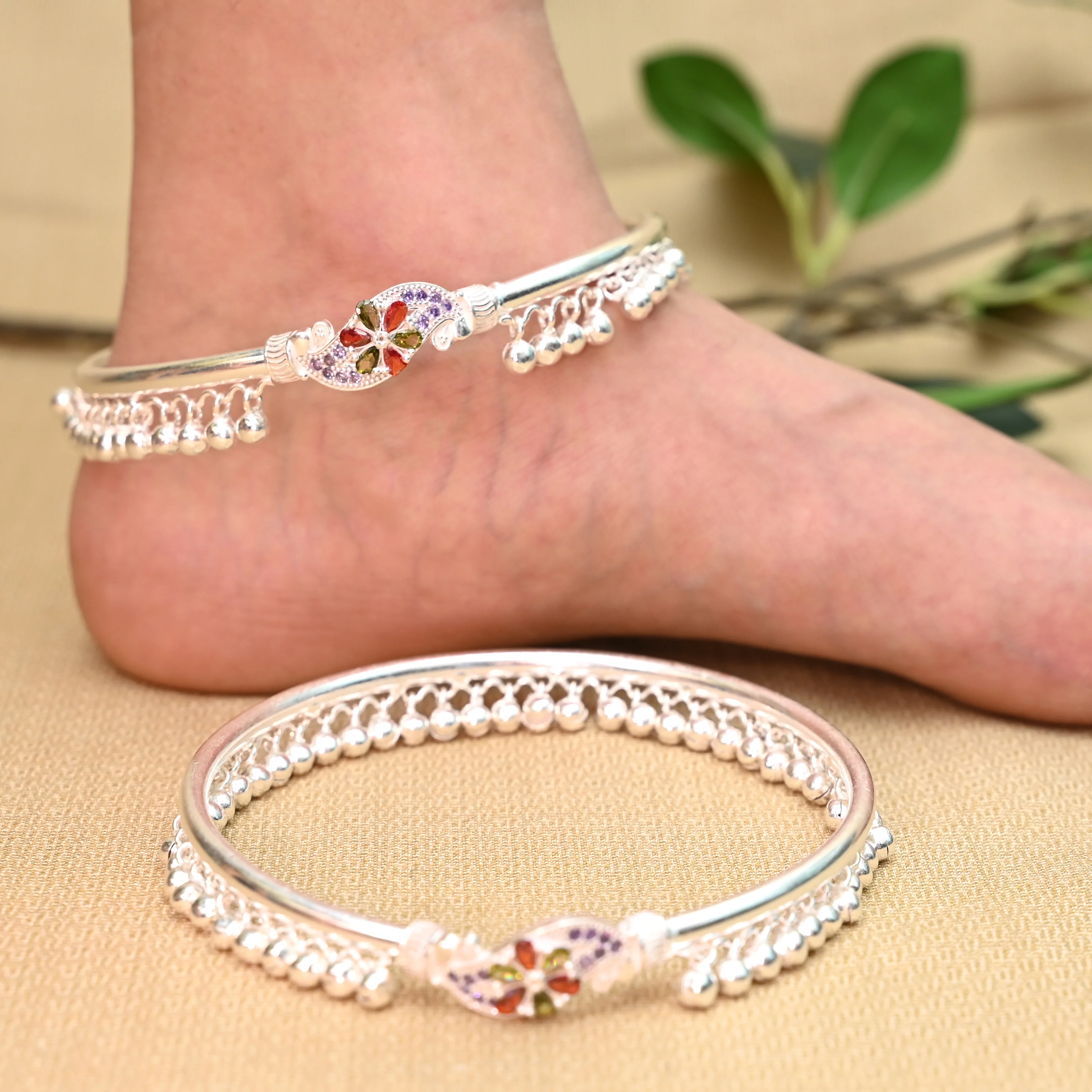 Exquisite Silver Kada Payal with Ghungroo and Elegant Stone Flower