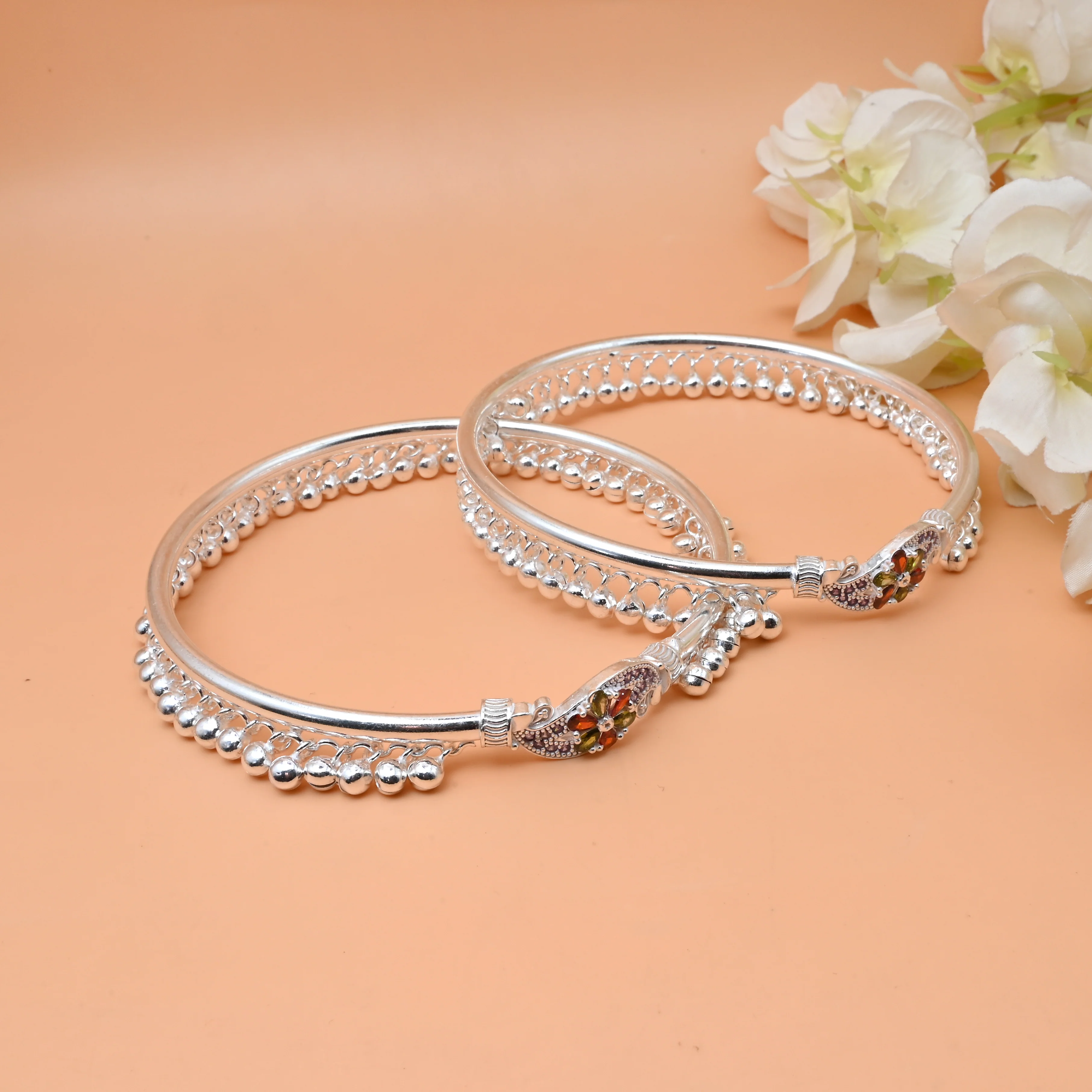 Exquisite Silver Kada Payal with Ghungroo and Elegant Stone Flower - Image 2