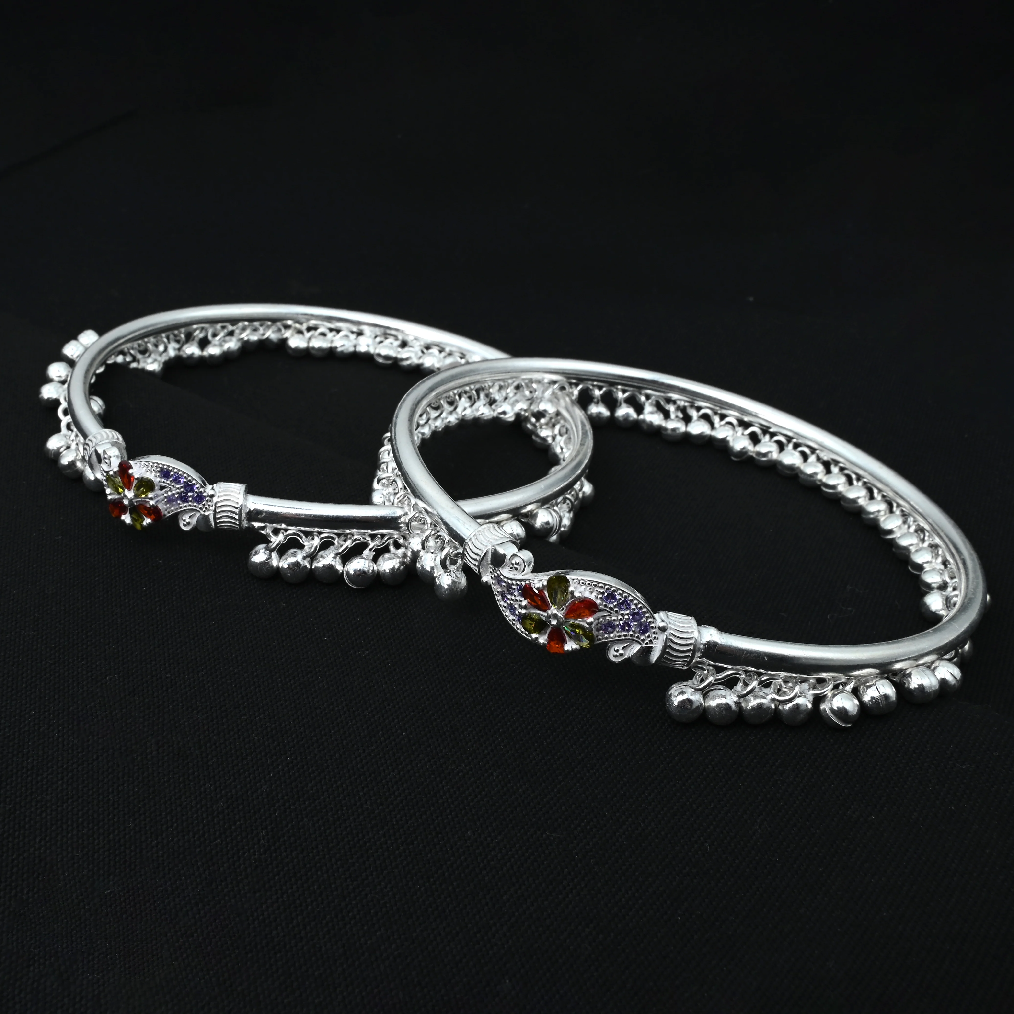 Exquisite Silver Kada Payal with Ghungroo and Elegant Stone Flower - Image 3
