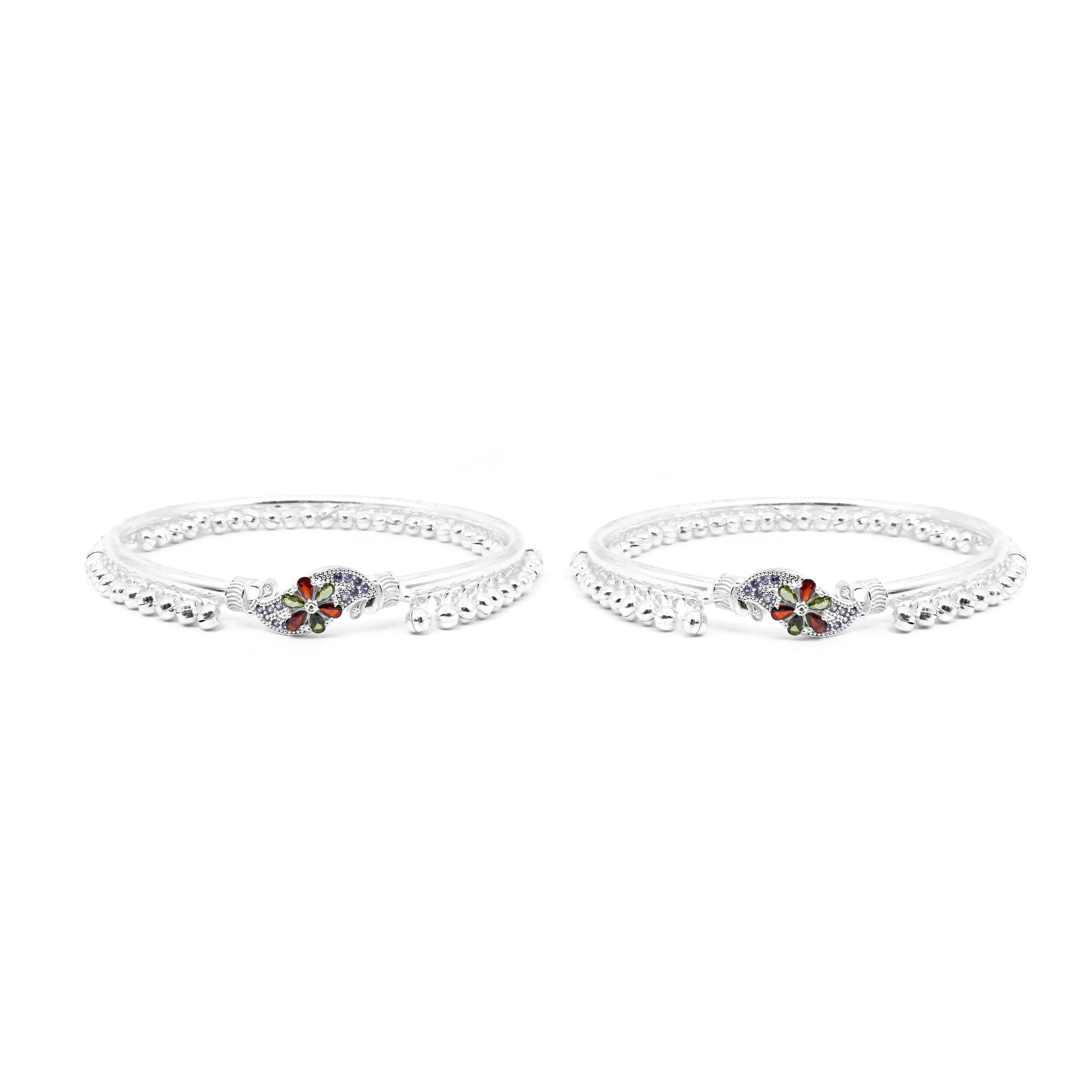 Exquisite Silver Kada Payal with Ghungroo and Elegant Stone Flower - Image 4