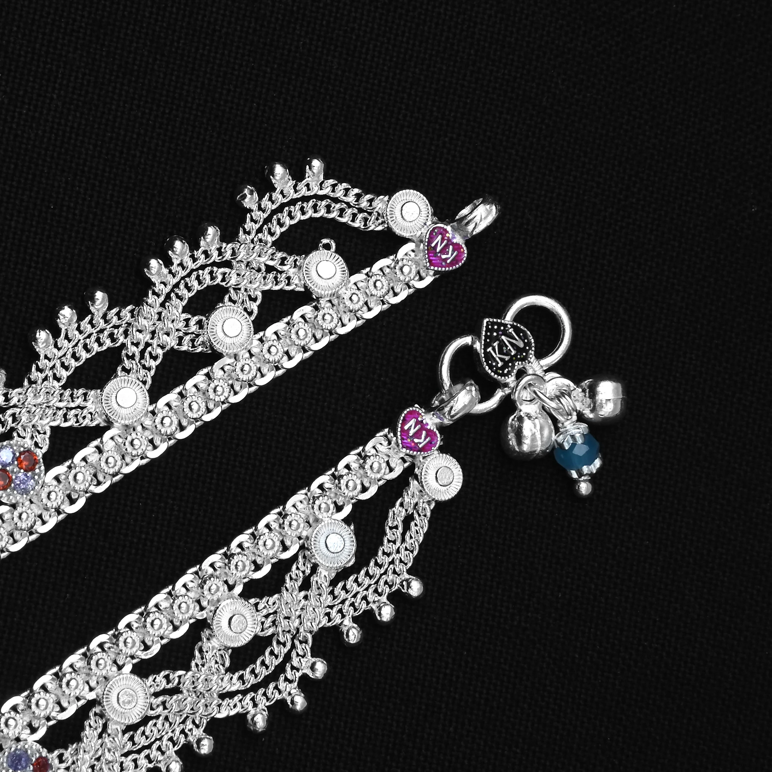 Exquisite Silver Payal with Elegant Engraving, Multi Stones & Ghunroo - Image 2