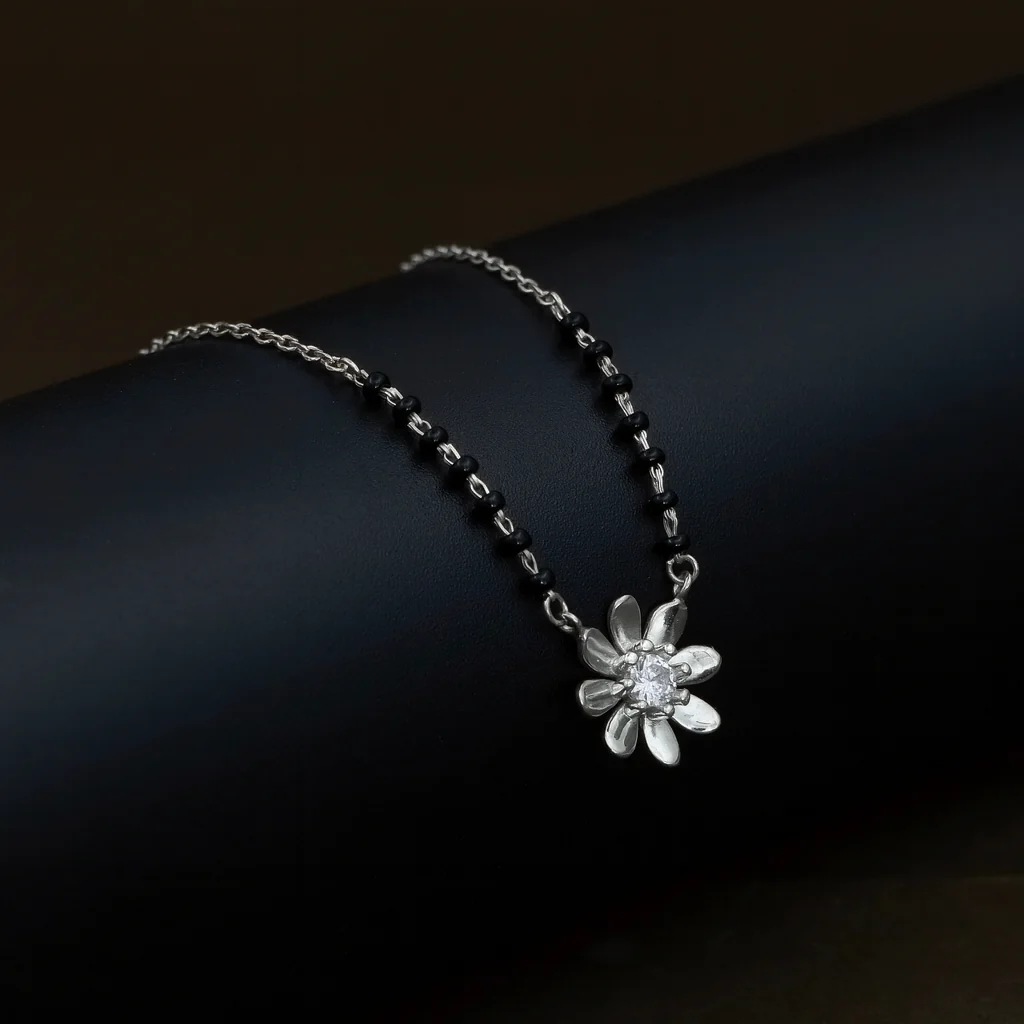Floral Silver Mangalsutra with Center Stone - Image 6