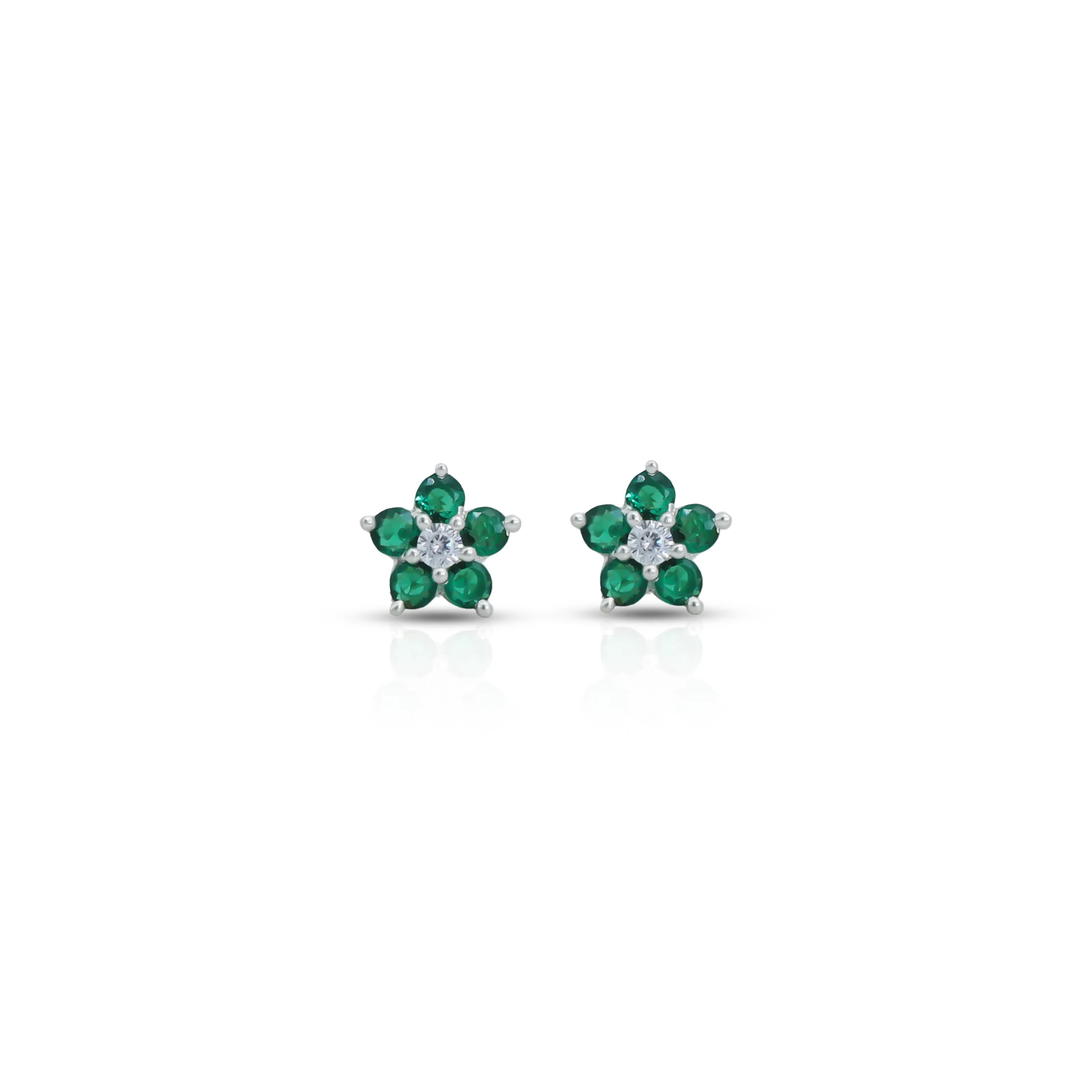Flower Design Green Stone Silver Earrings - Image 2