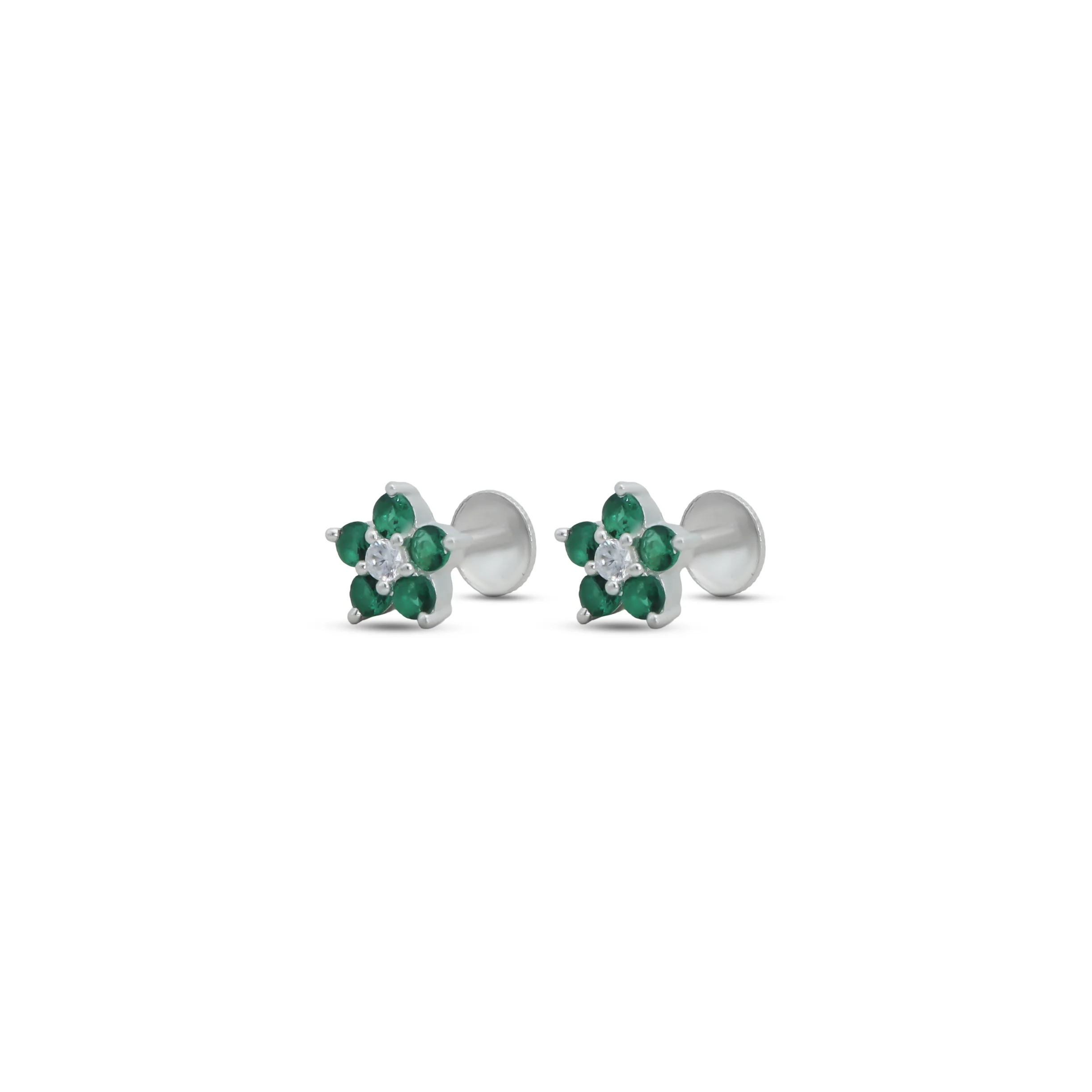 Flower Design Green Stone Silver Earrings - Image 3