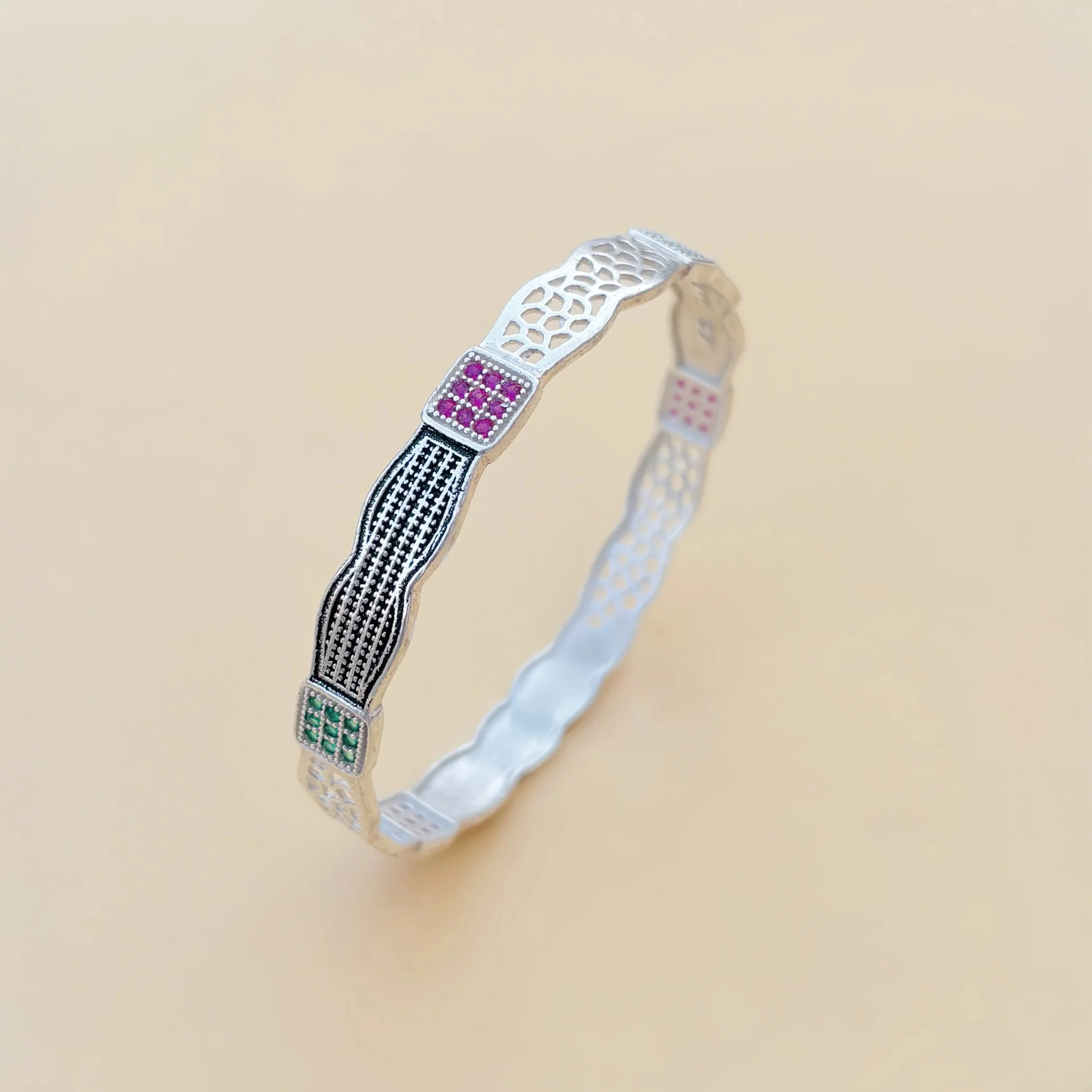 Glamour in Silver Unique Kada with Purple and Green Stones - Image 3