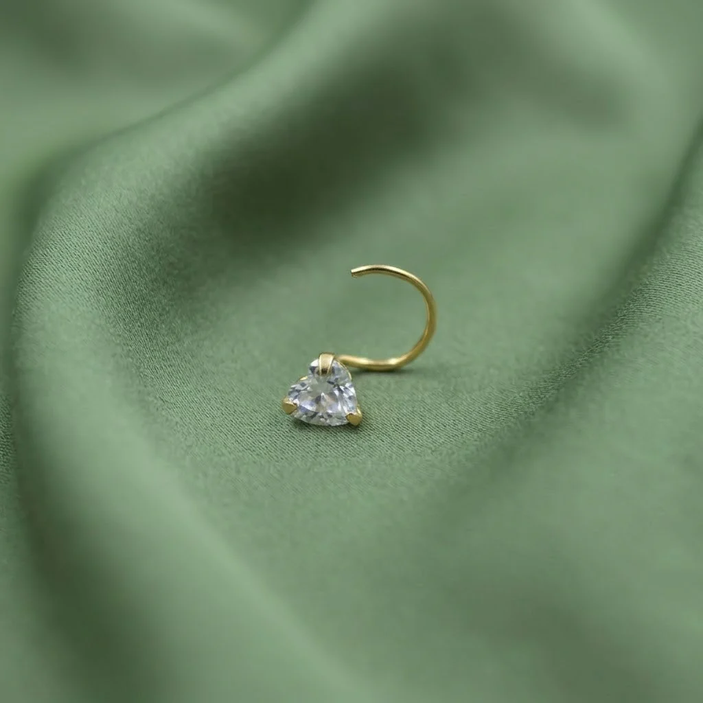 Gold Polish Heart Shape Diamond Nose Pin for Women - Image 5