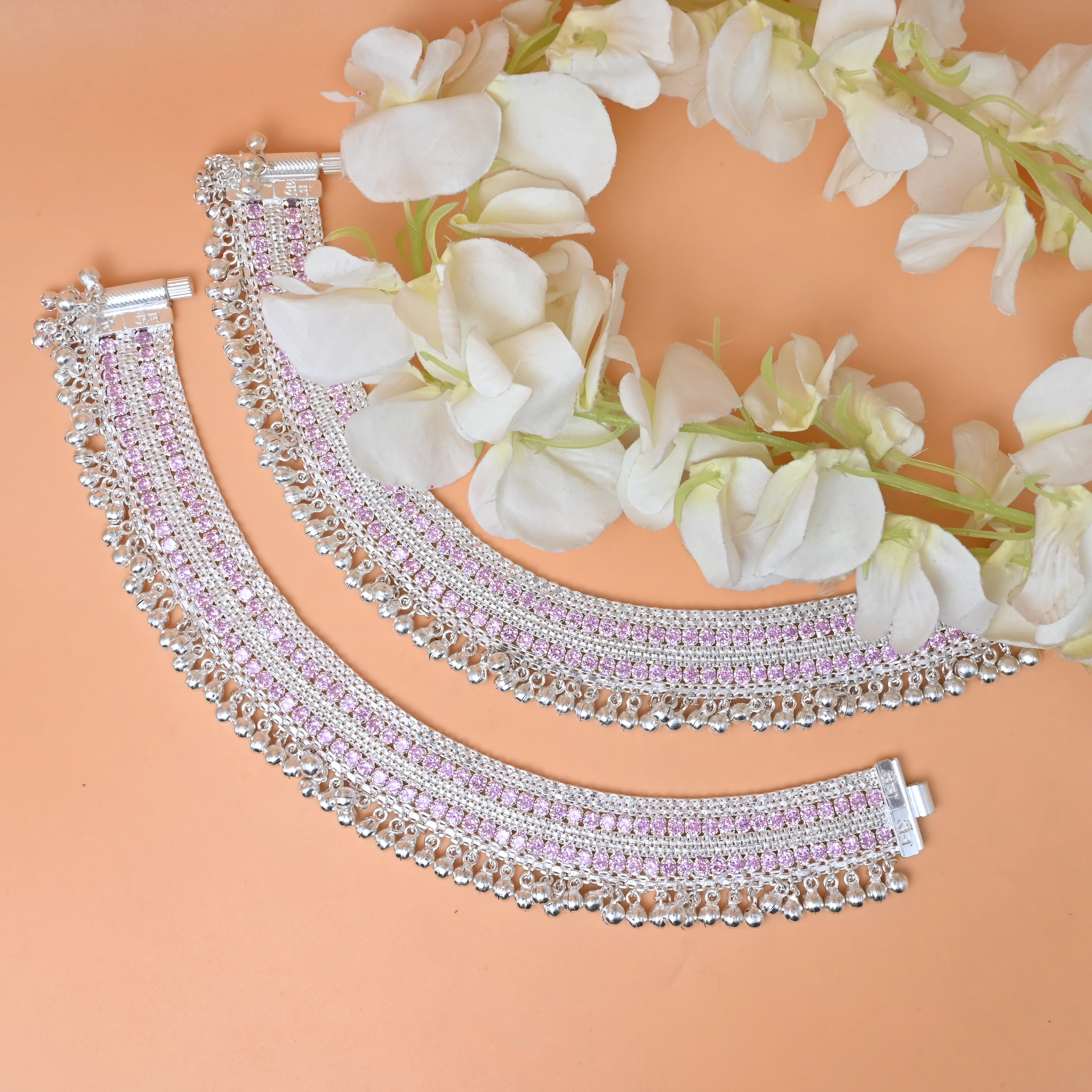 Gorgeous Silver Heavy Payal with Pink Stones and Detailed Work - Image 3