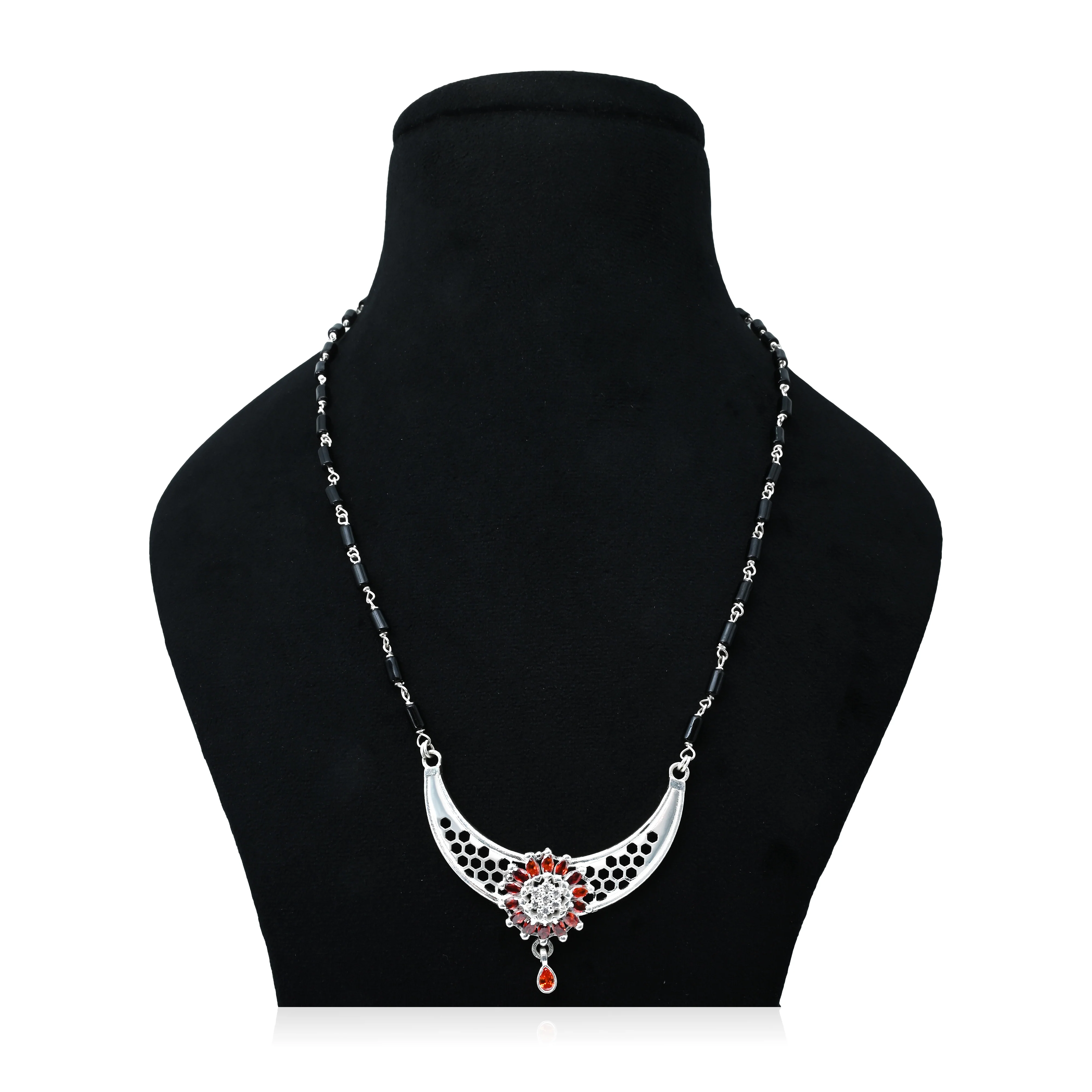 Graceful Silver Mangalasutra with Floral Pendant and Orange Gems - Image 2