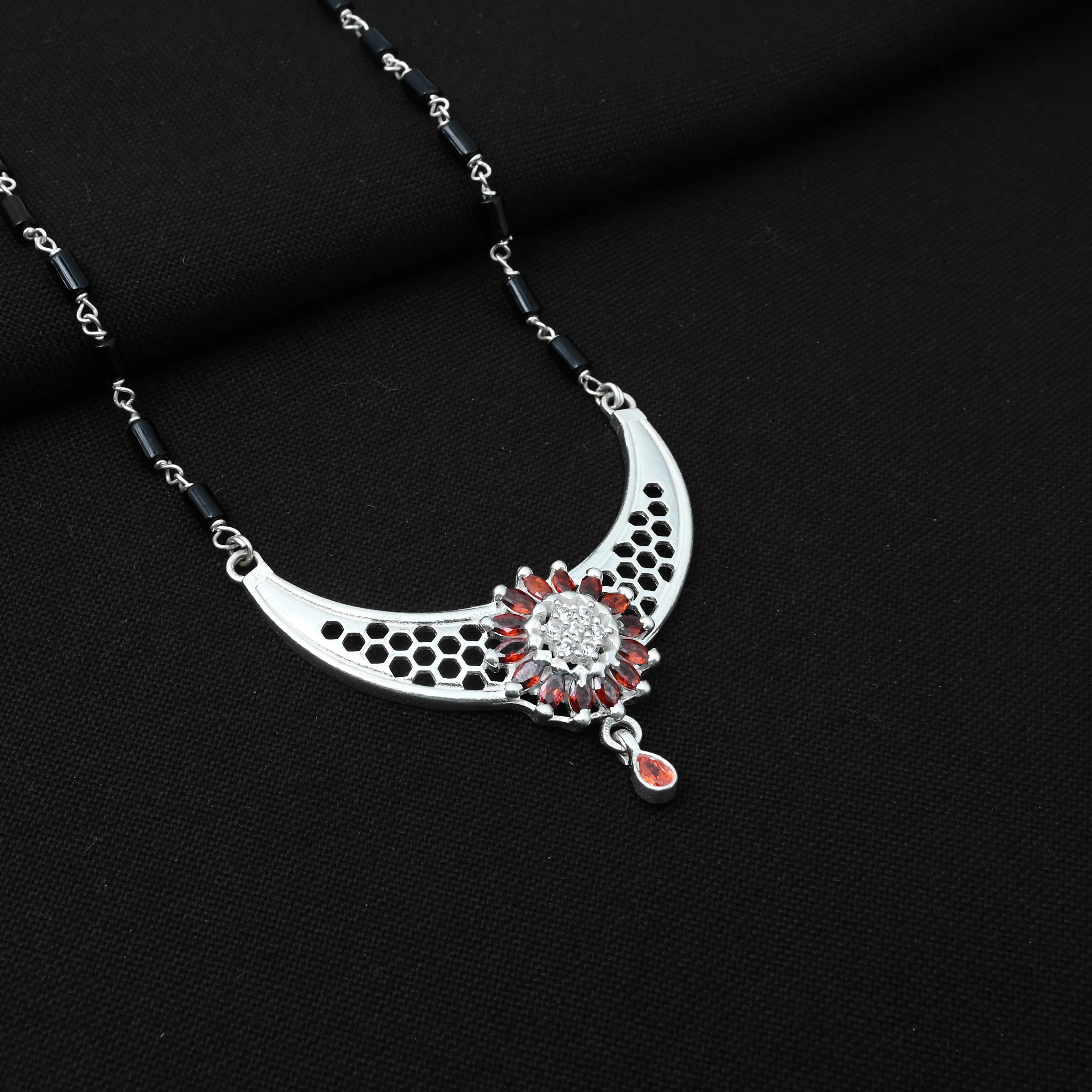 Graceful Silver Mangalasutra with Floral Pendant and Orange Gems - Image 3