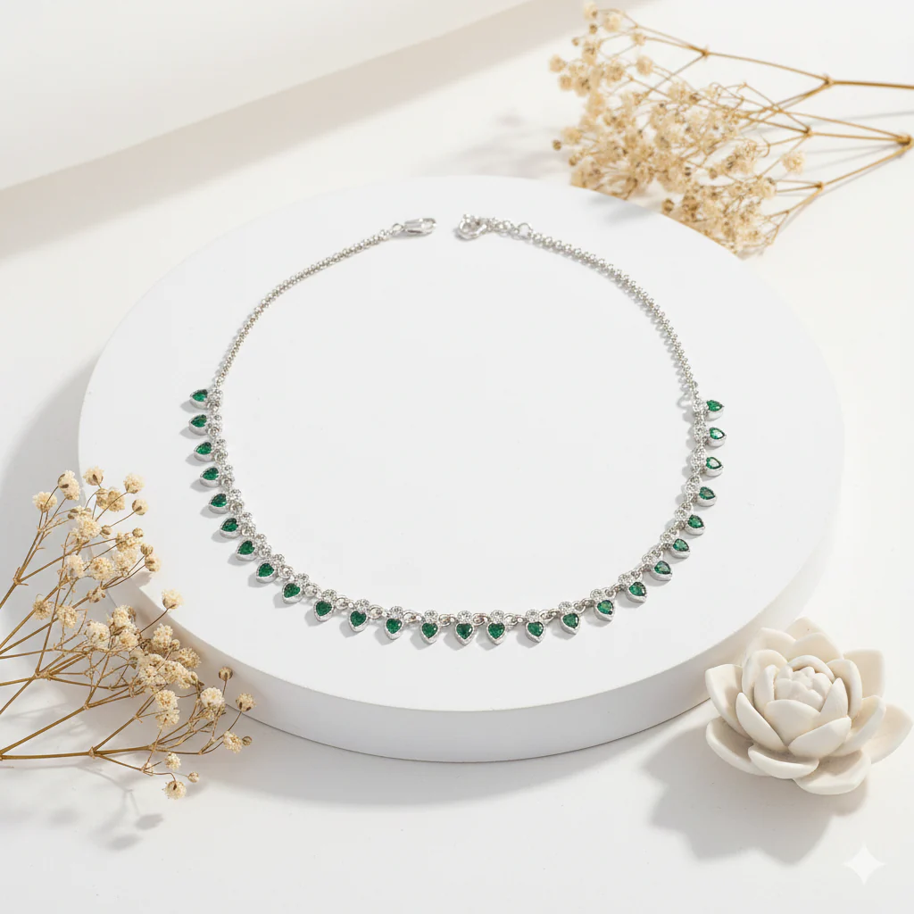 Green Heart Stone Silver Necklace for Girls & Women