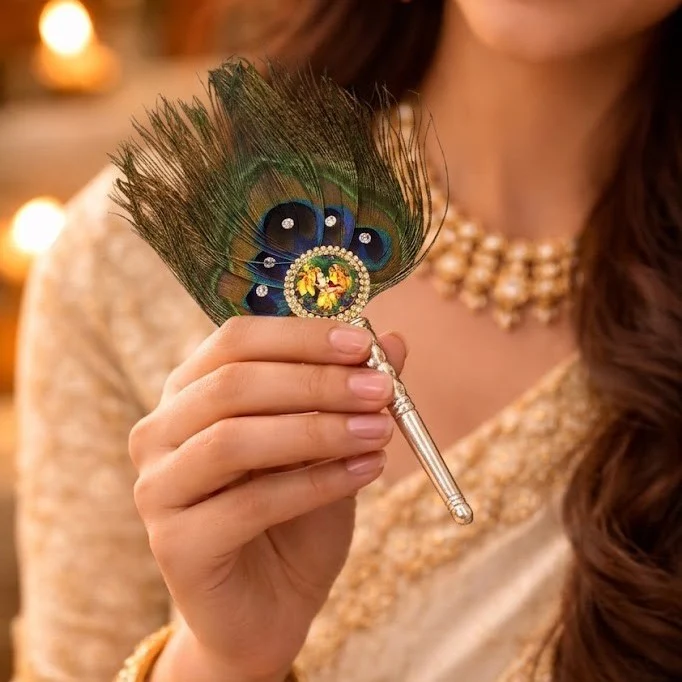 Handcrafted Morpankh Fan with Radha Krishna - Image 3