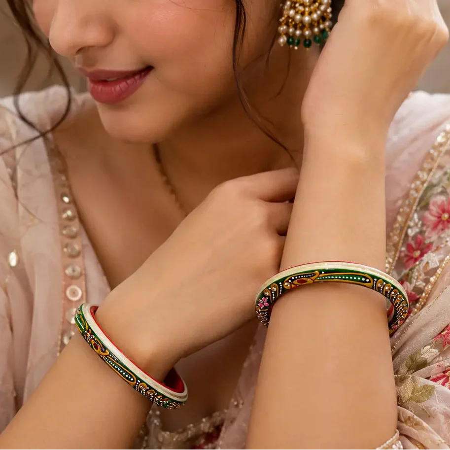 Handcrafted Rajasthani Bangles Set – Red & Green Traditional Ethnic Jewelry for Women - Image 2
