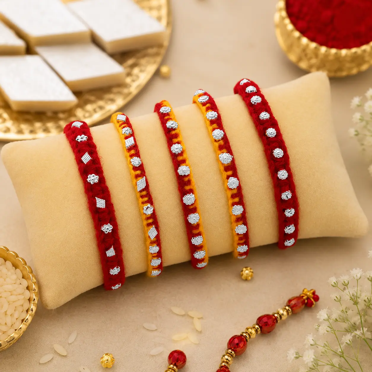 Handcrafted Silver Buds Rakhi Assorted Design (combo) - Image 8