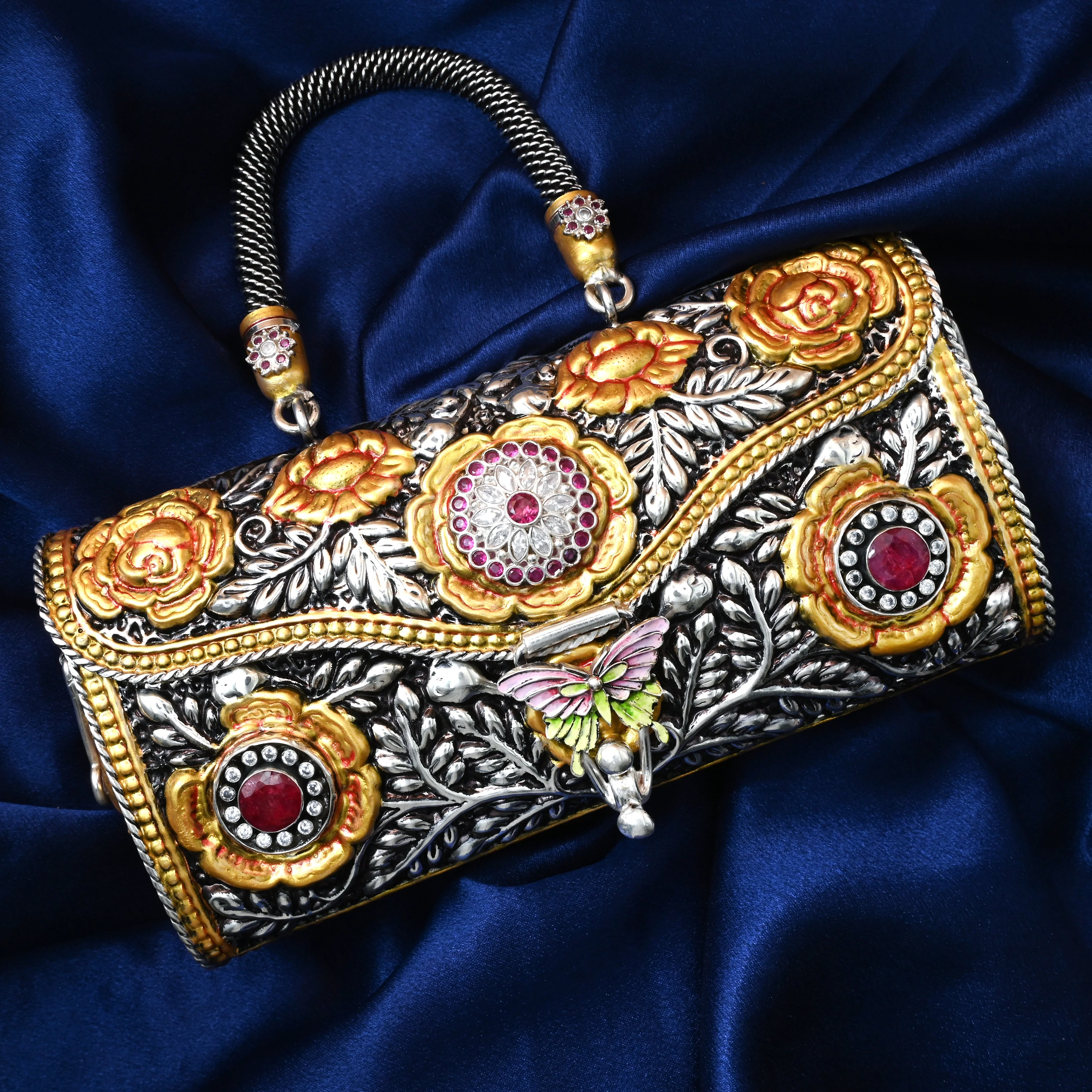 Handcrafted Silver Purse with Gold Floral Engraving - Image 2