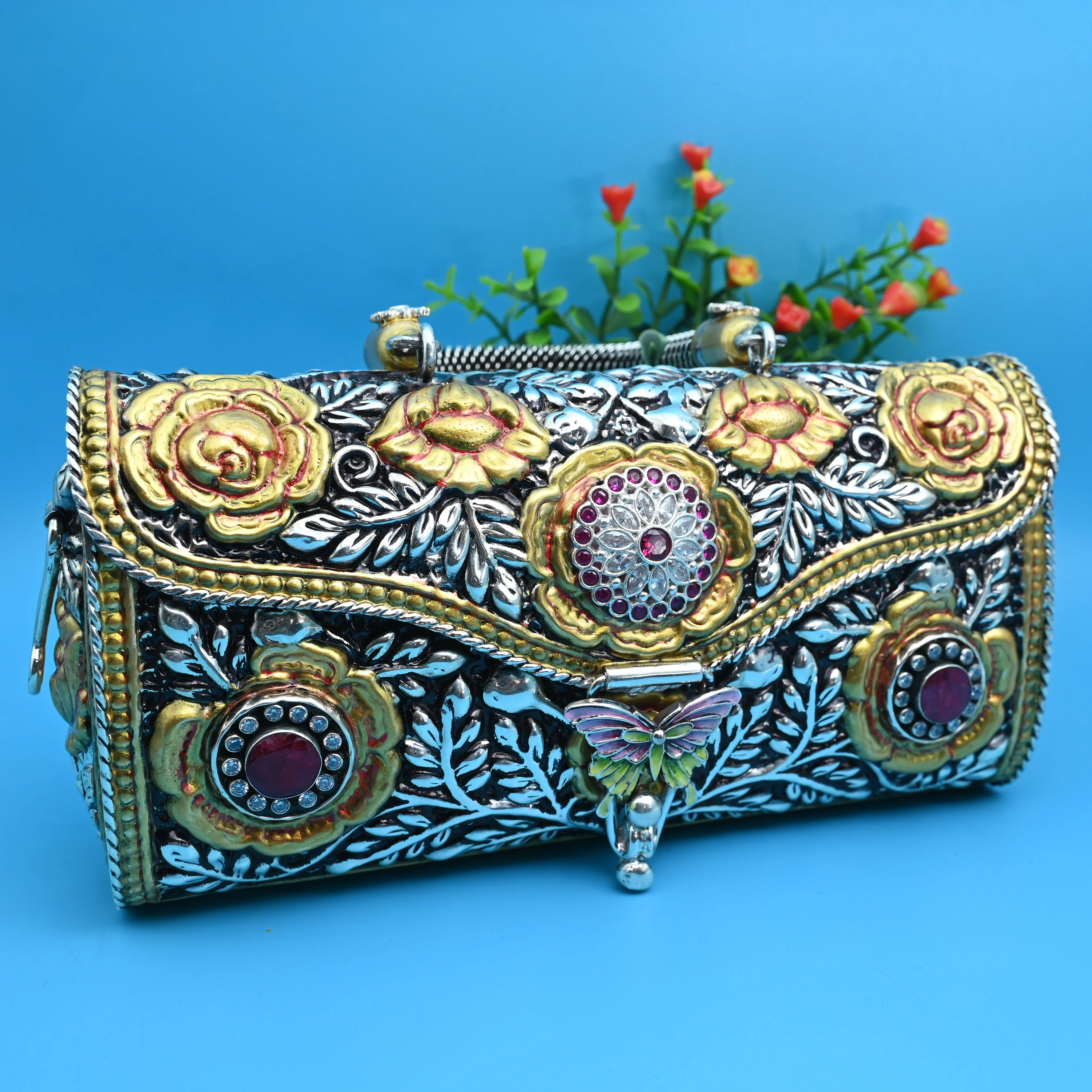 Handcrafted Silver Purse with Gold Floral Engraving - Image 3