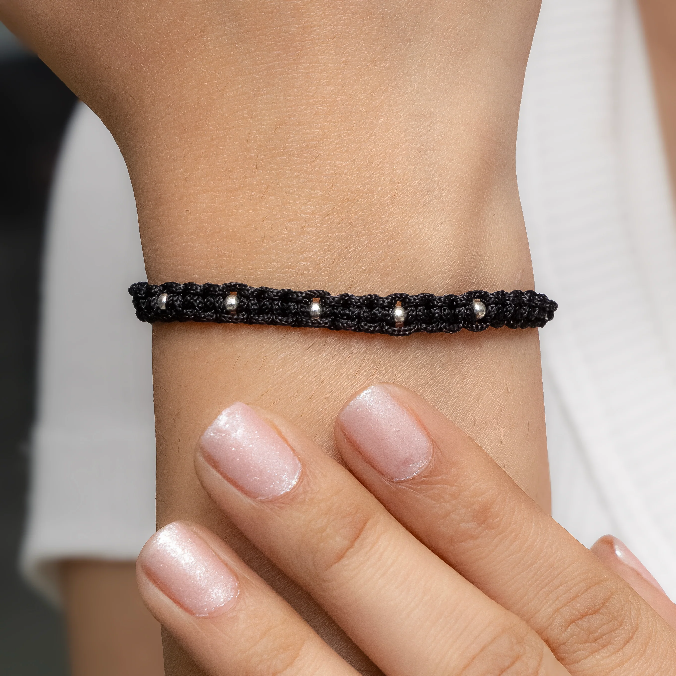 Handmade Black Thread Bracelet with Silver Beads - Image 3