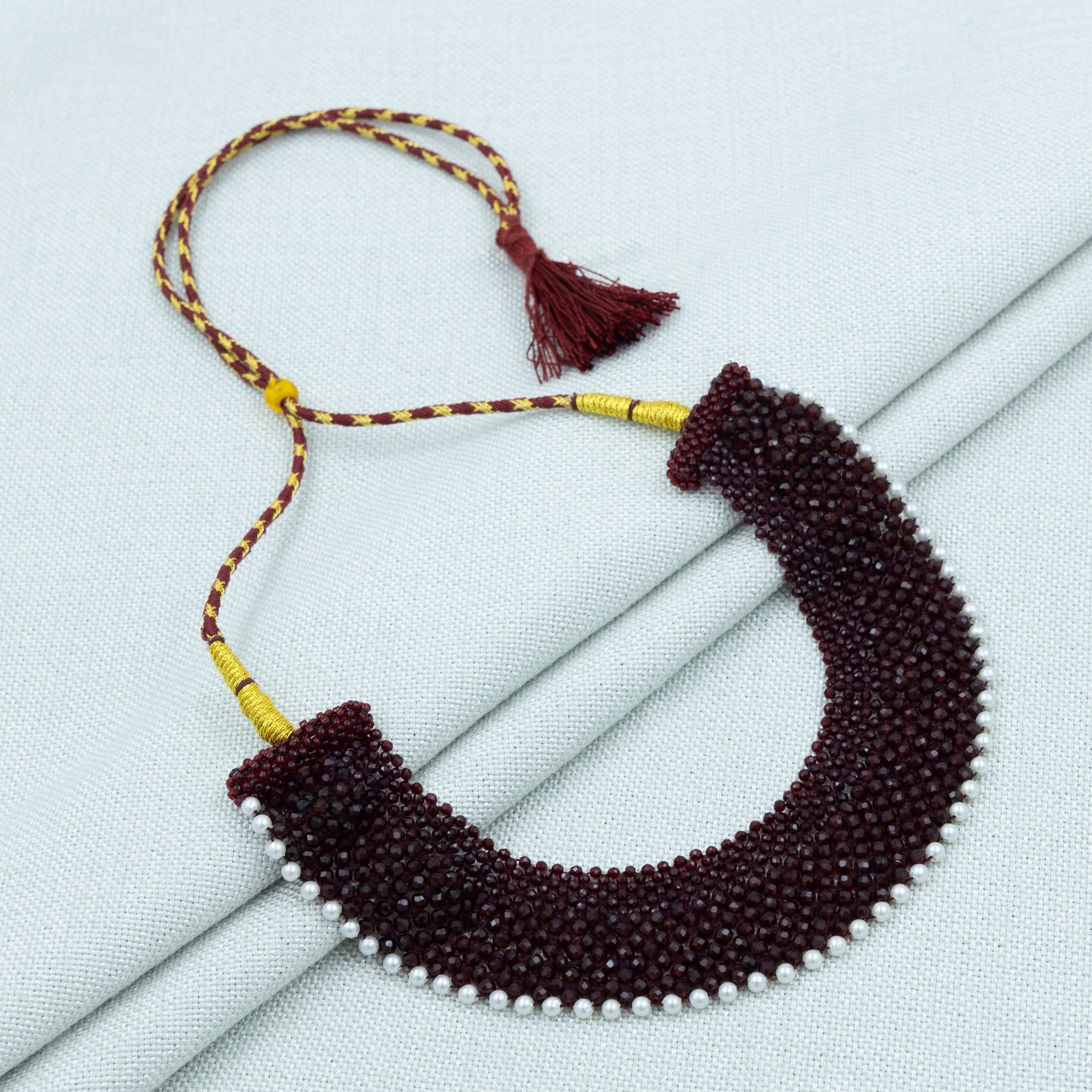 Handmade Green/Maroon Chatai Necklace with Pearl Border - Image 6