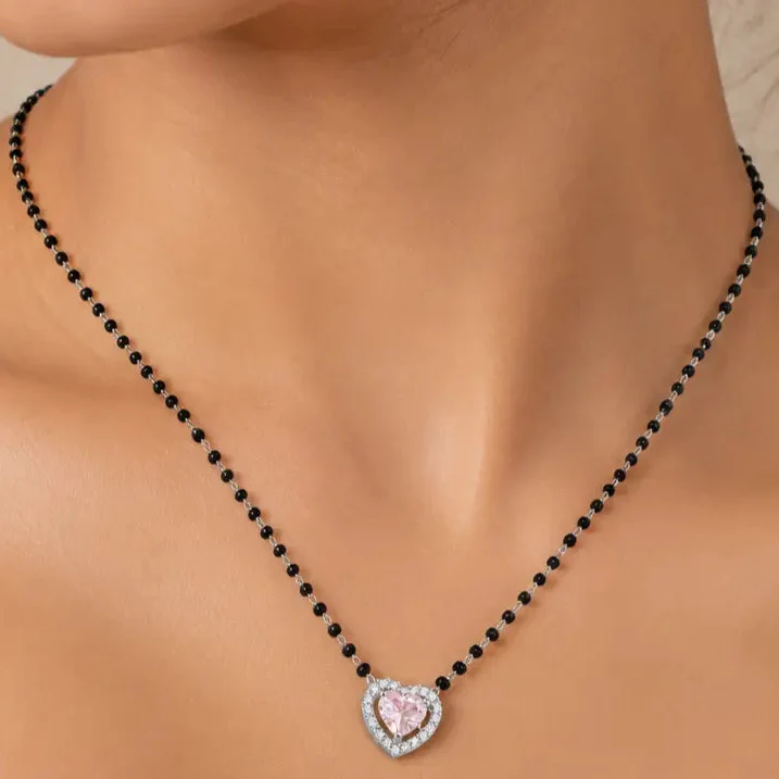 Heart Shape Pink Stone Mangalsutra Set with Matching Earrings - Image 5