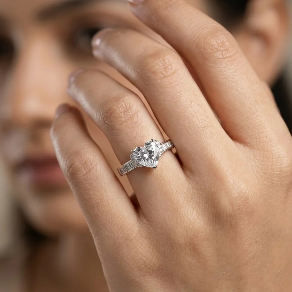Heart-Shaped Crystal Statement Ring with Baguette Accent Band - Image 2
