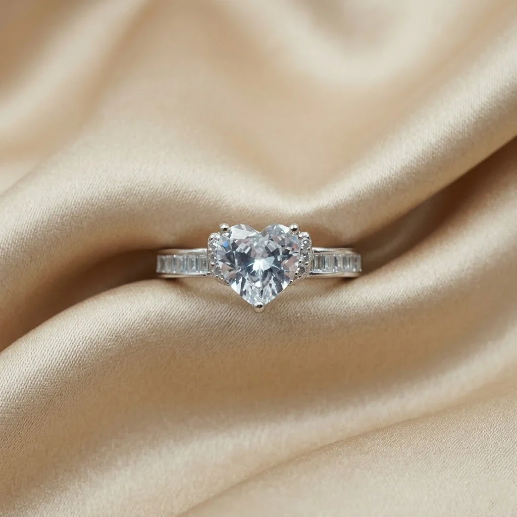 Heart-Shaped Crystal Statement Ring with Baguette Accent Band - Image 3