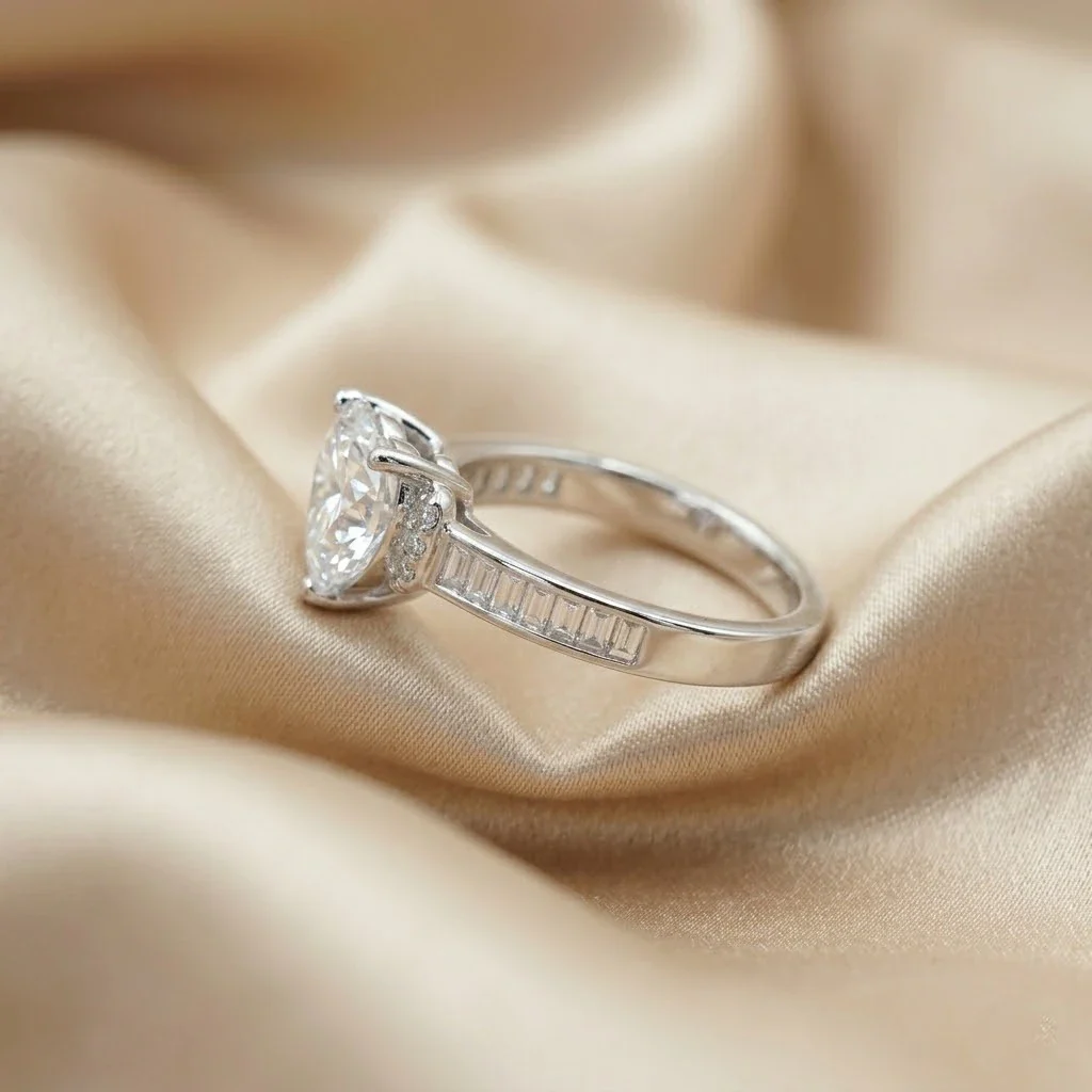 Heart-Shaped Crystal Statement Ring with Baguette Accent Band - Image 4