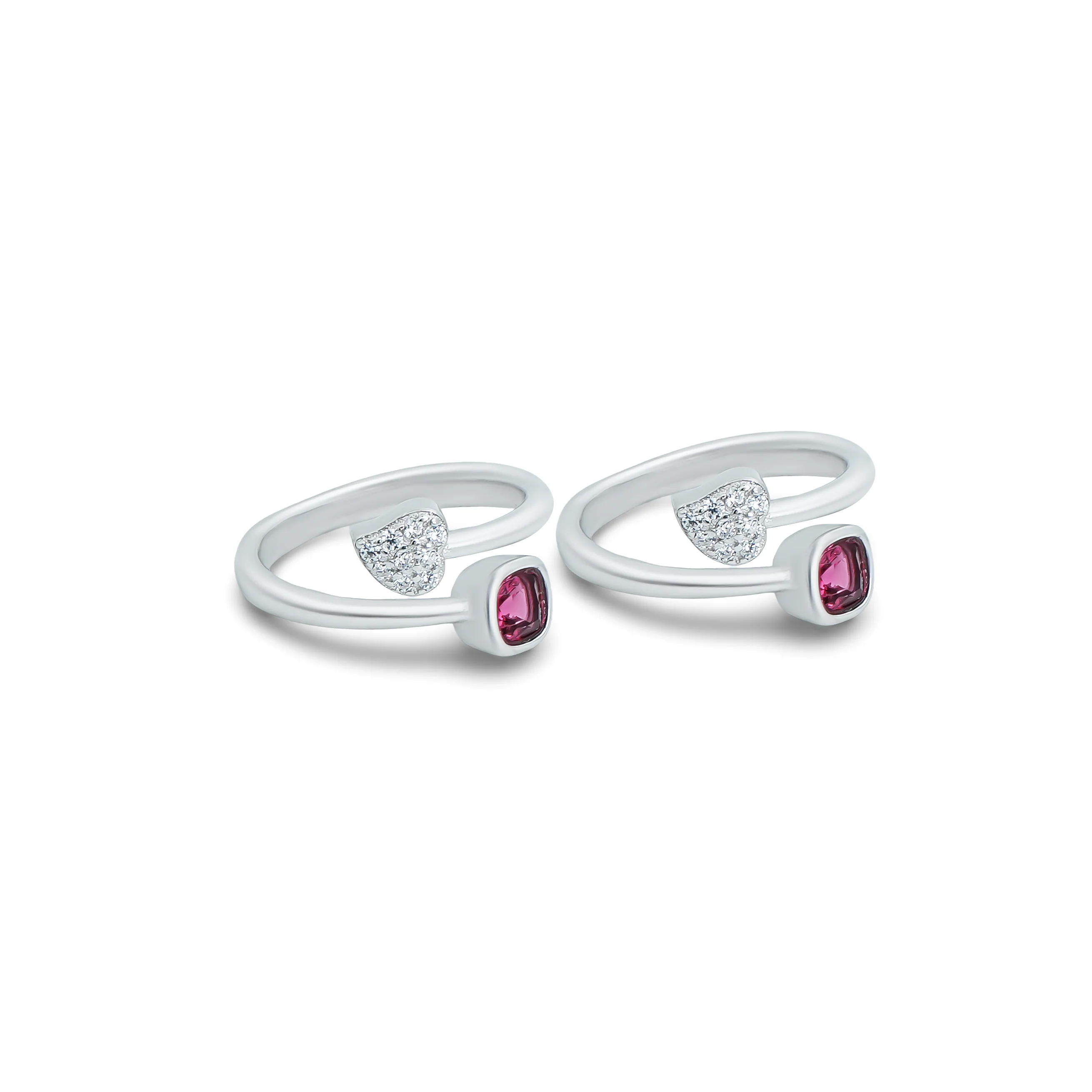 Heart Shaped Design Silver Toe Ring with Pink Gemstone - Image 2