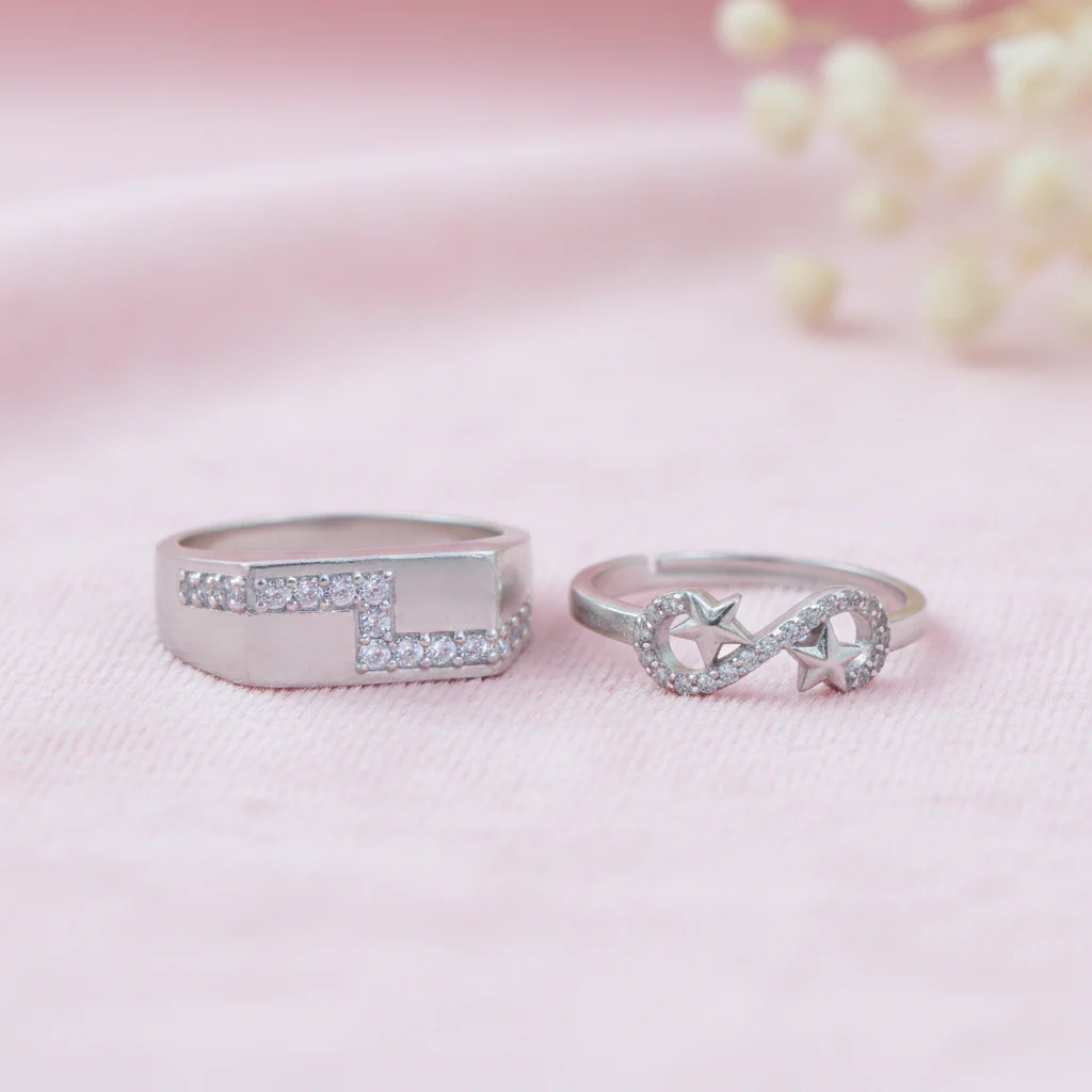 His & Her Silver Couple Rings Infinity Star & Geometric Design - Image 4