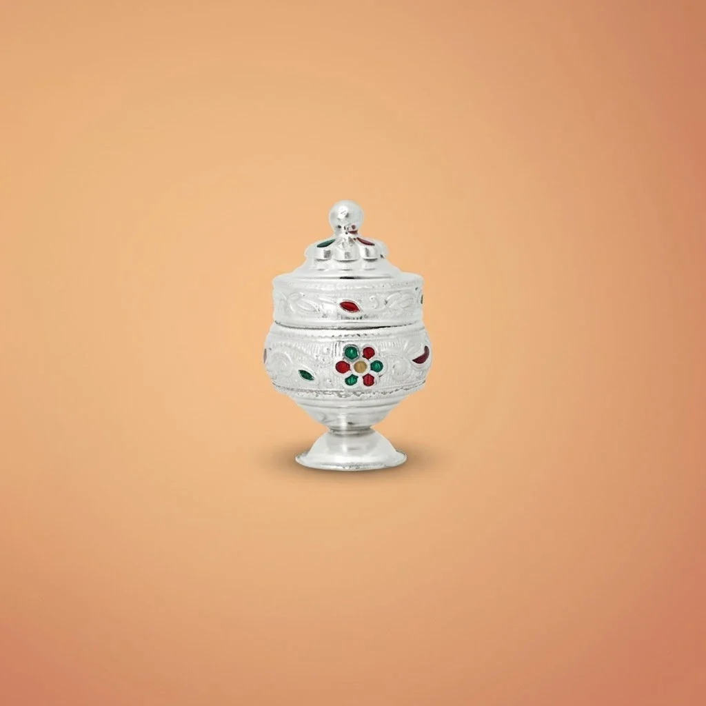 Intricate Silver Sindur Box with Floral Designs