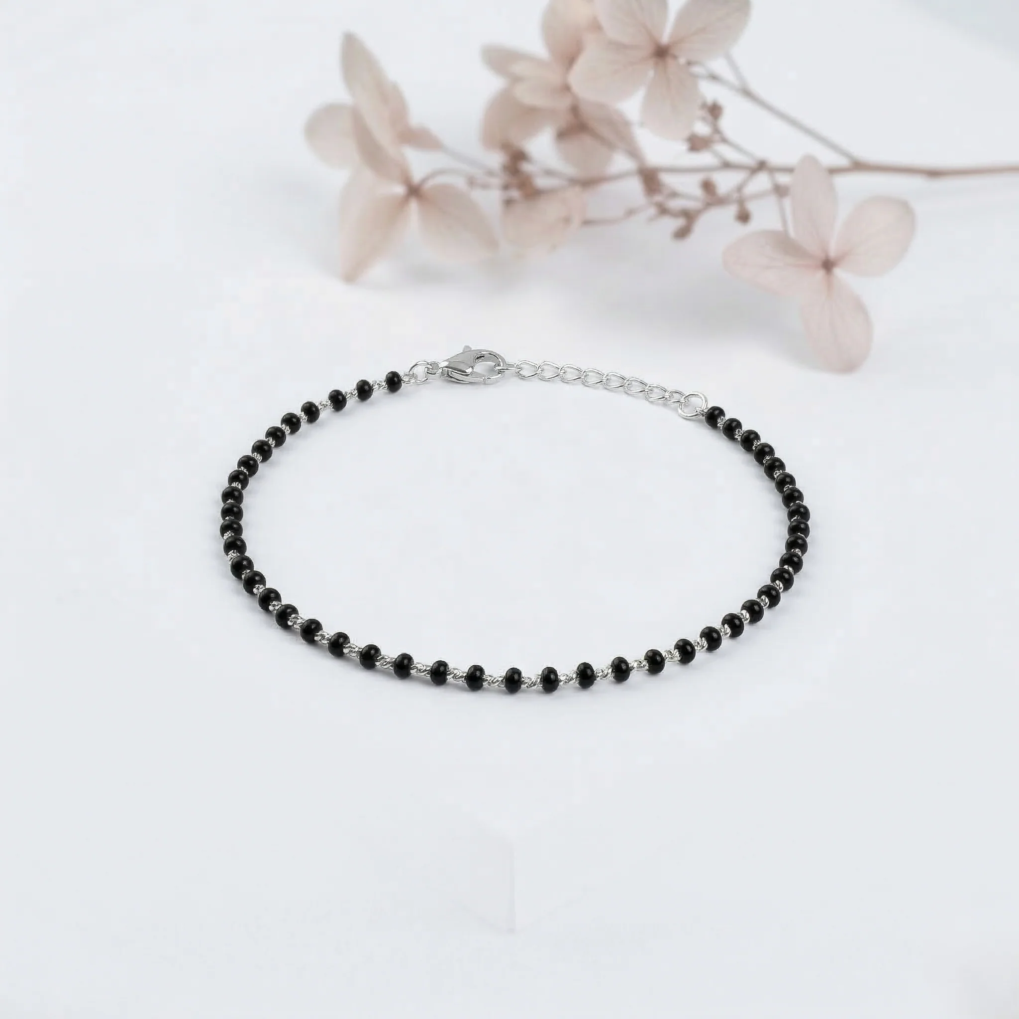 Black Beads Round Moti Silver Bracelet - Image 3