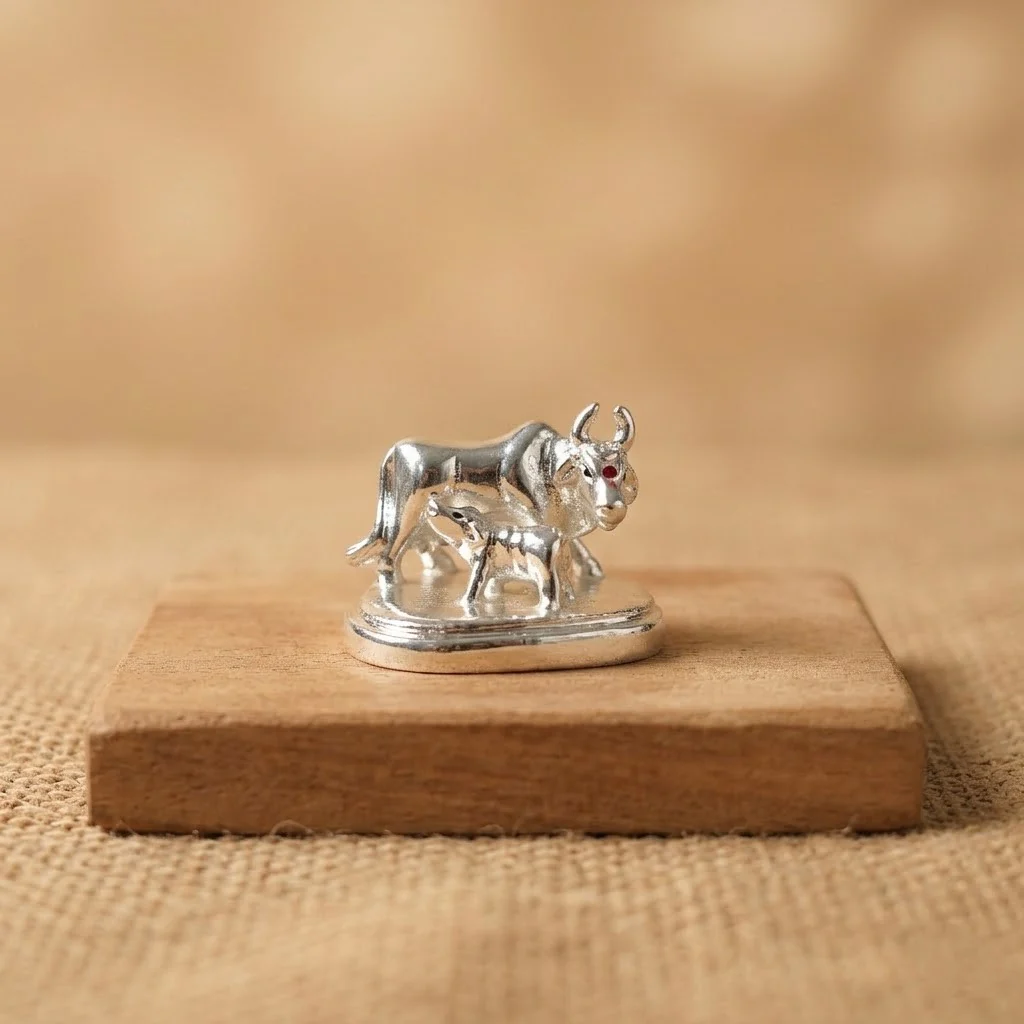 Kamdhenu Cow and Calf Idol - Beautiful Silver Polished Decorative Statue - Image 2