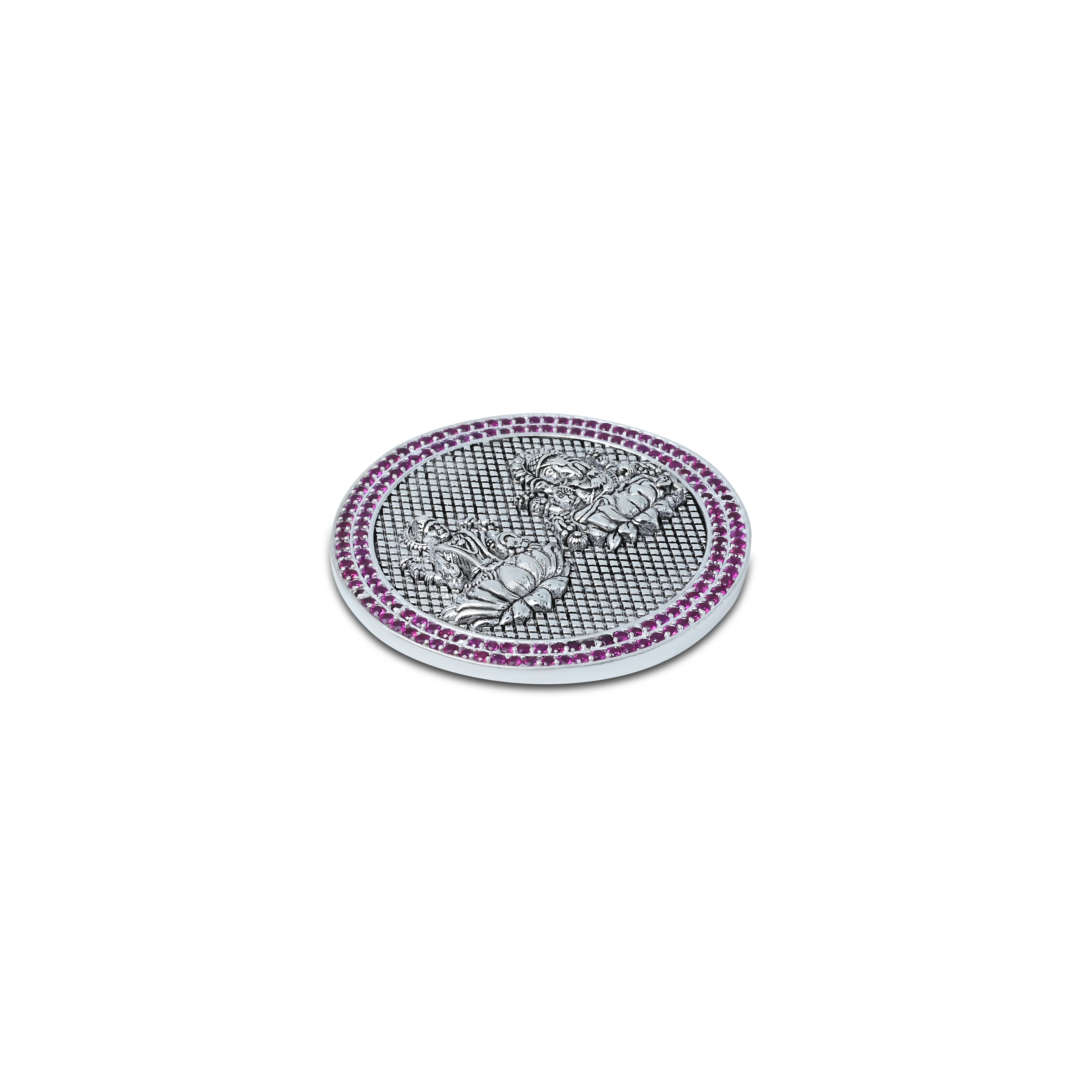 Lakshmi Ganesha Silver Coin with Purple Stone Border - Image 2