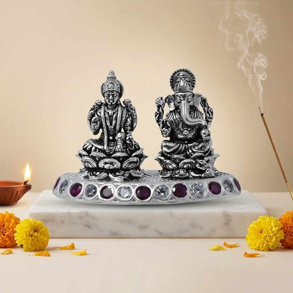 Lakshmi Ganesha Silver Murti with Purple White Gemstone
