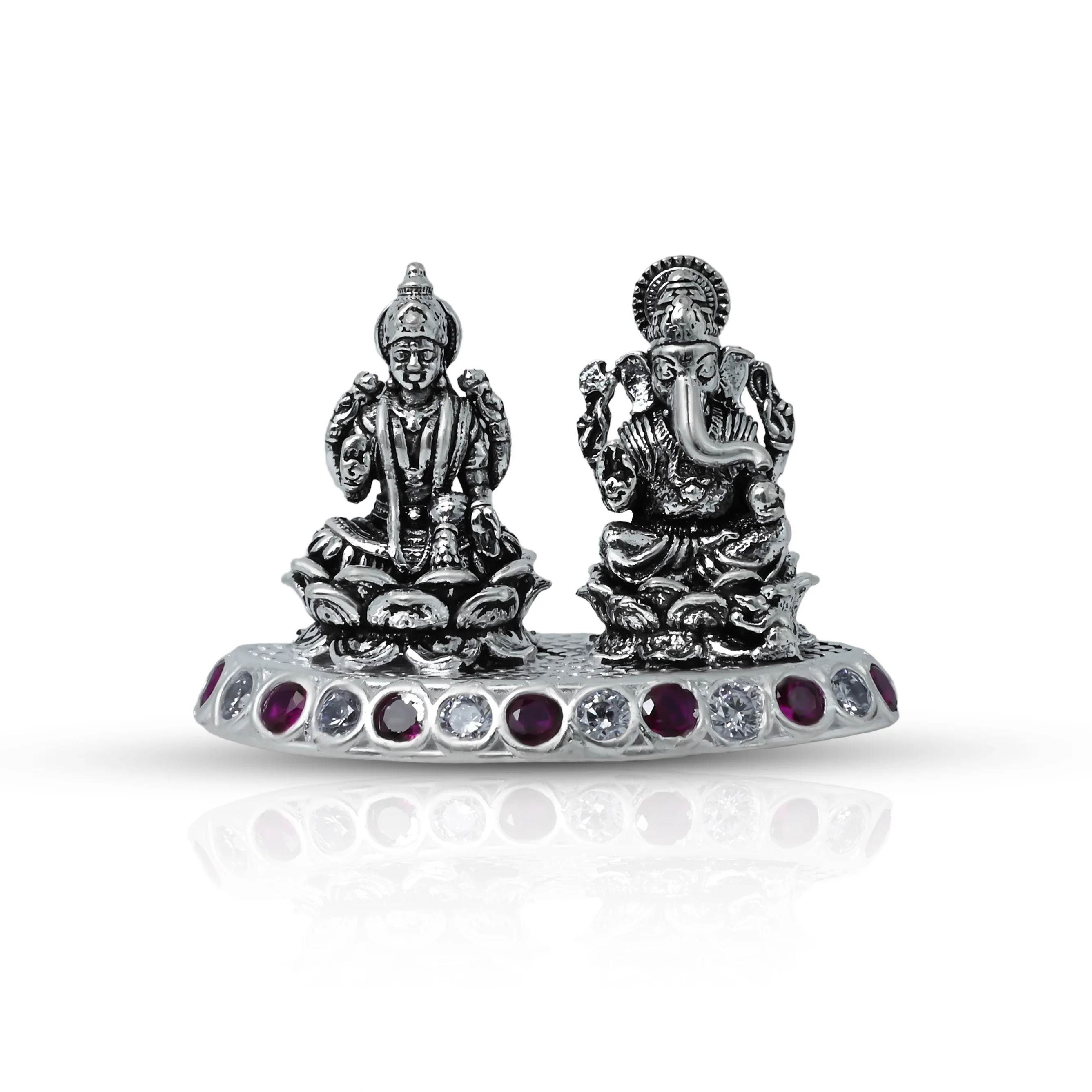 Lakshmi Ganesha Silver Murti with Purple White Gemstone - Image 3