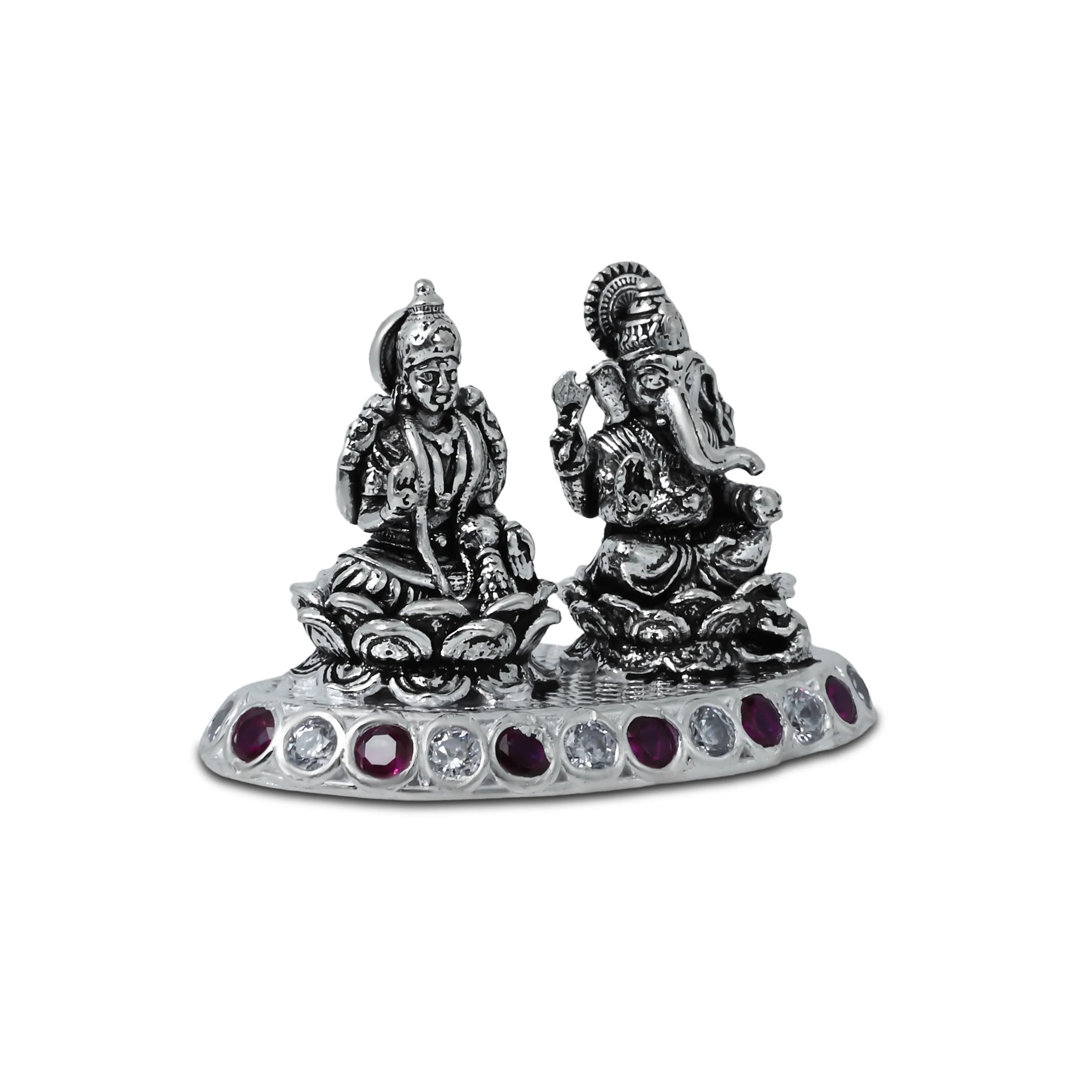 Lakshmi Ganesha Silver Murti with Purple White Gemstone - Image 4