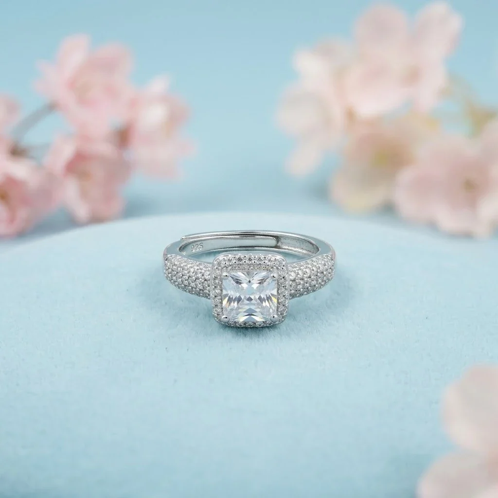 Luxury Cushion-Cut Halo Engagement Ring with Pave Band (925 Sterling Silver)