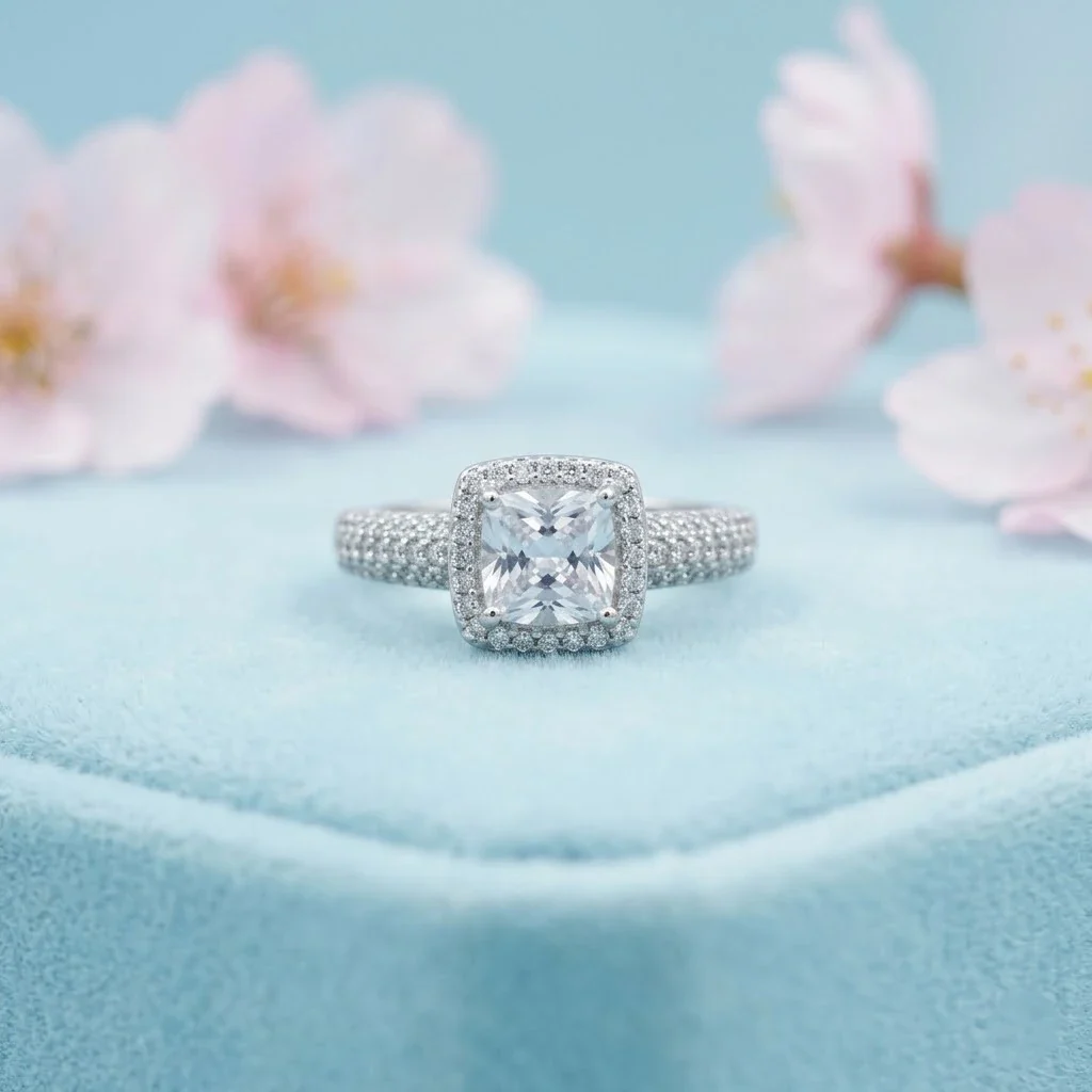 Luxury Cushion-Cut Halo Engagement Ring with Pave Band (925 Sterling Silver) - Image 4