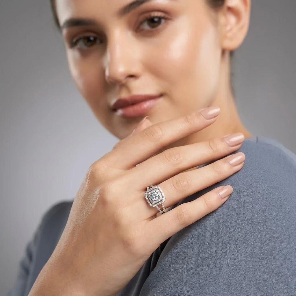 Luxury Double Halo Cushion-Cut Crystal Engagement Ring with Split Shank - Image 2