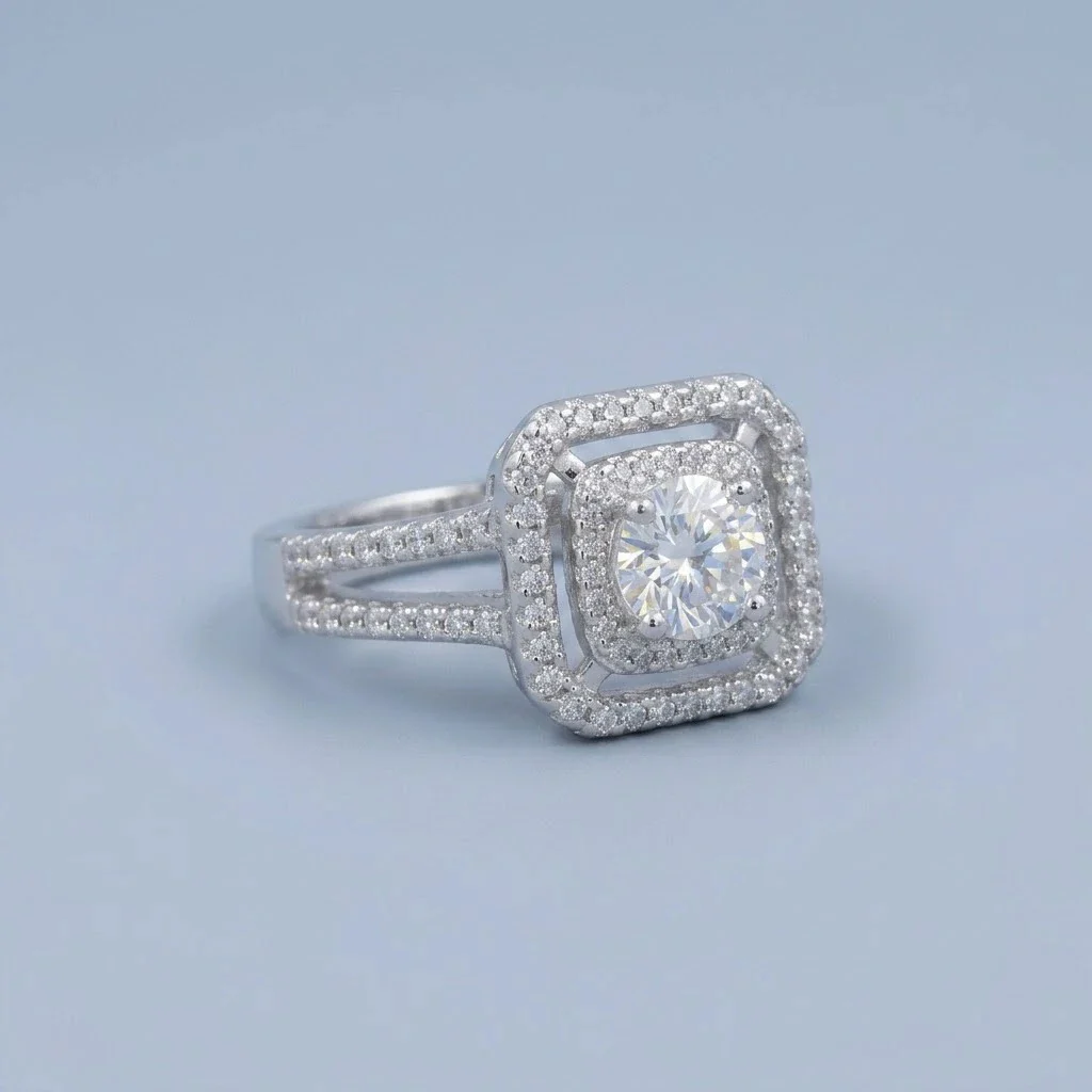 Luxury Double Halo Cushion-Cut Crystal Engagement Ring with Split Shank - Image 3