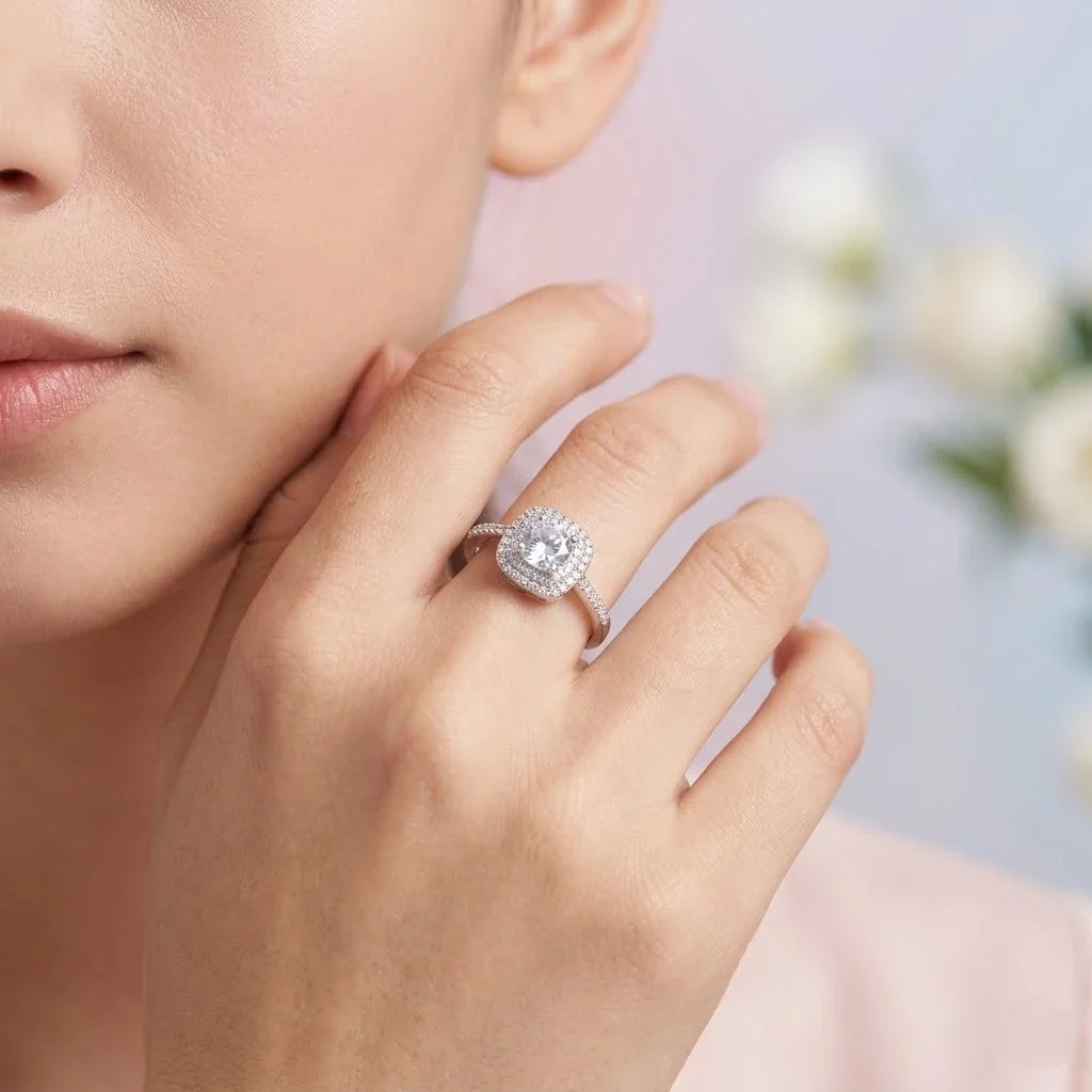 Premium Silver Tone Halo CZ Ring – Adjustable Fashion Jewelry - Image 2
