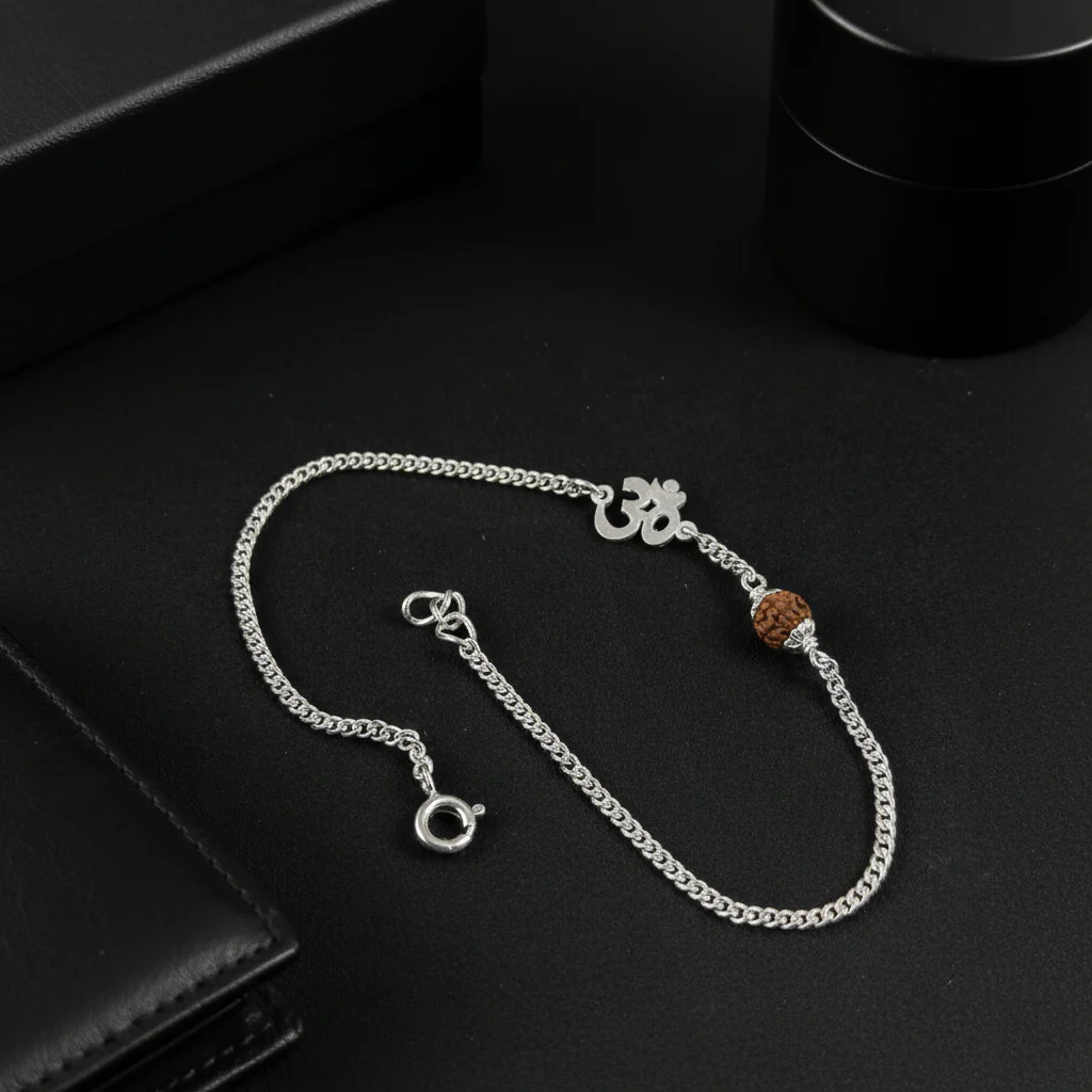 Men’s Silver Rudraksha Bracelet Om Symbol Adjustable - Image 4