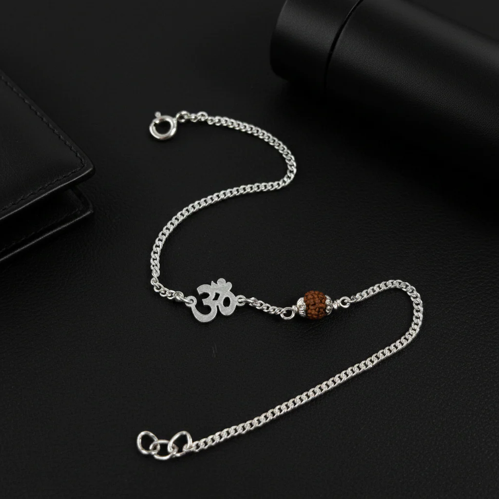 Men’s Silver Rudraksha Bracelet Om Symbol Adjustable - Image 5