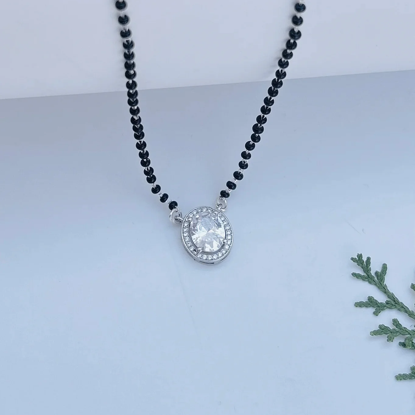 Modern Black Beads Mangalsutra with Oval Shape Stone Pendant - Image 3