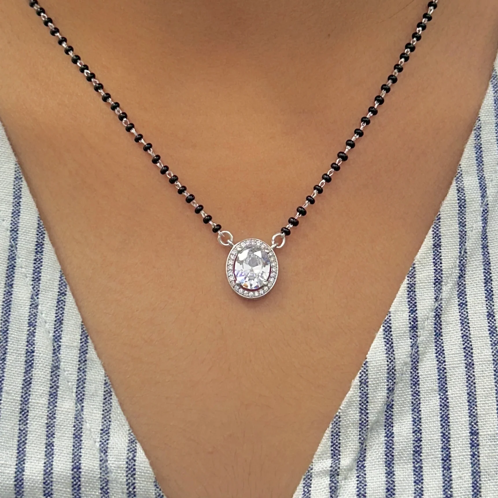 Modern Black Beads Mangalsutra with Oval Shape Stone Pendant - Image 5