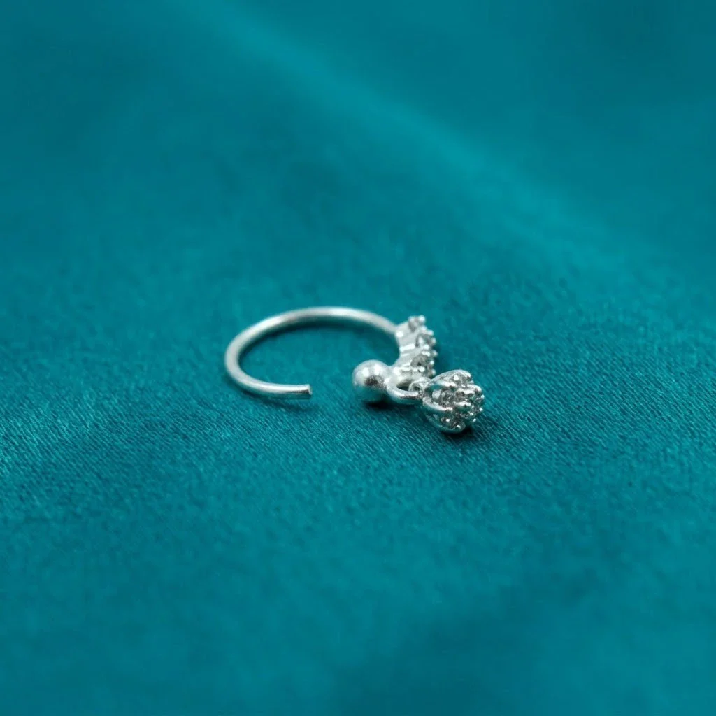 Modern Floral Silver Nose Pin Hoop Design - Image 3