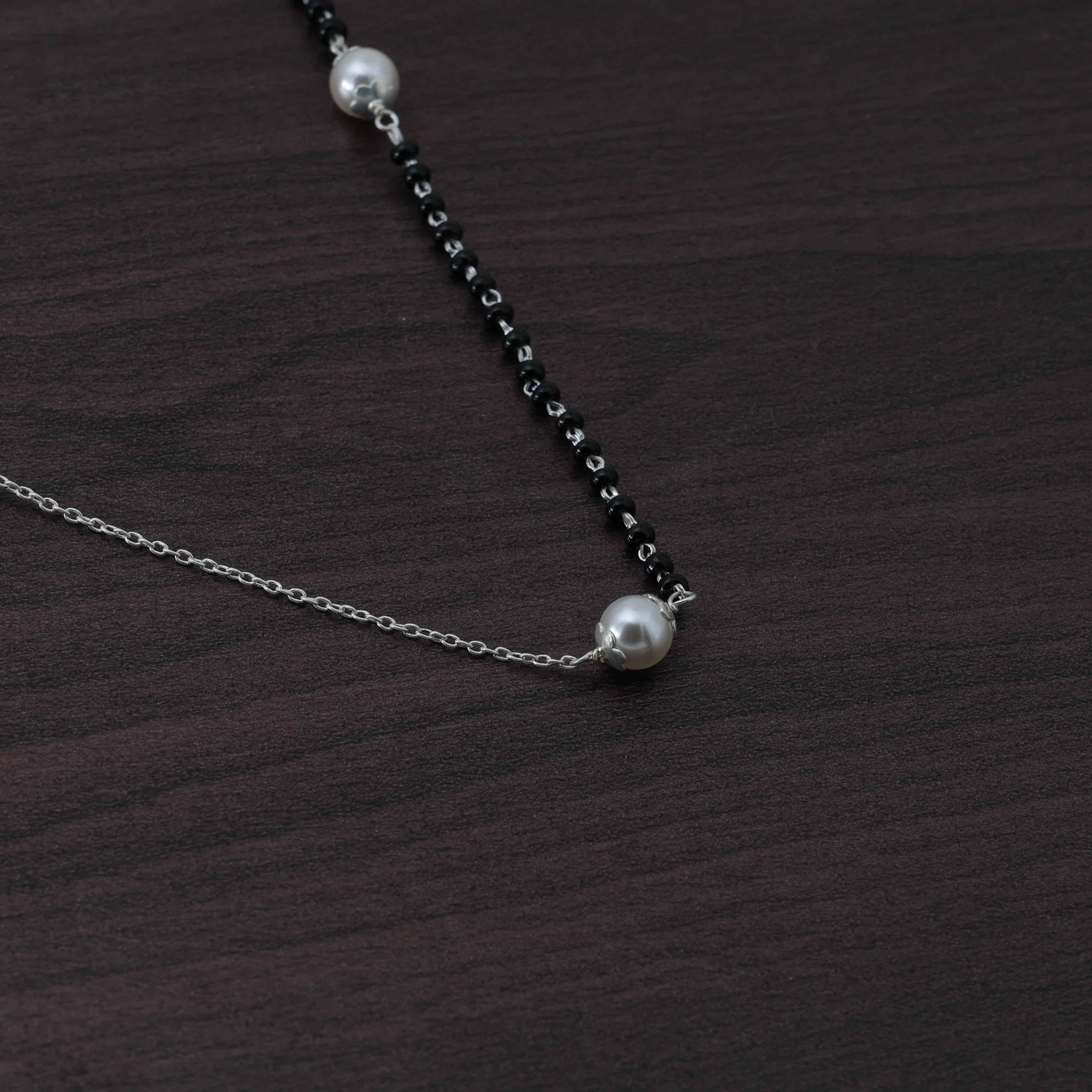Modern Half-Chain Half-Bead Pearl Mangalsutra Silver Chain - Image 7
