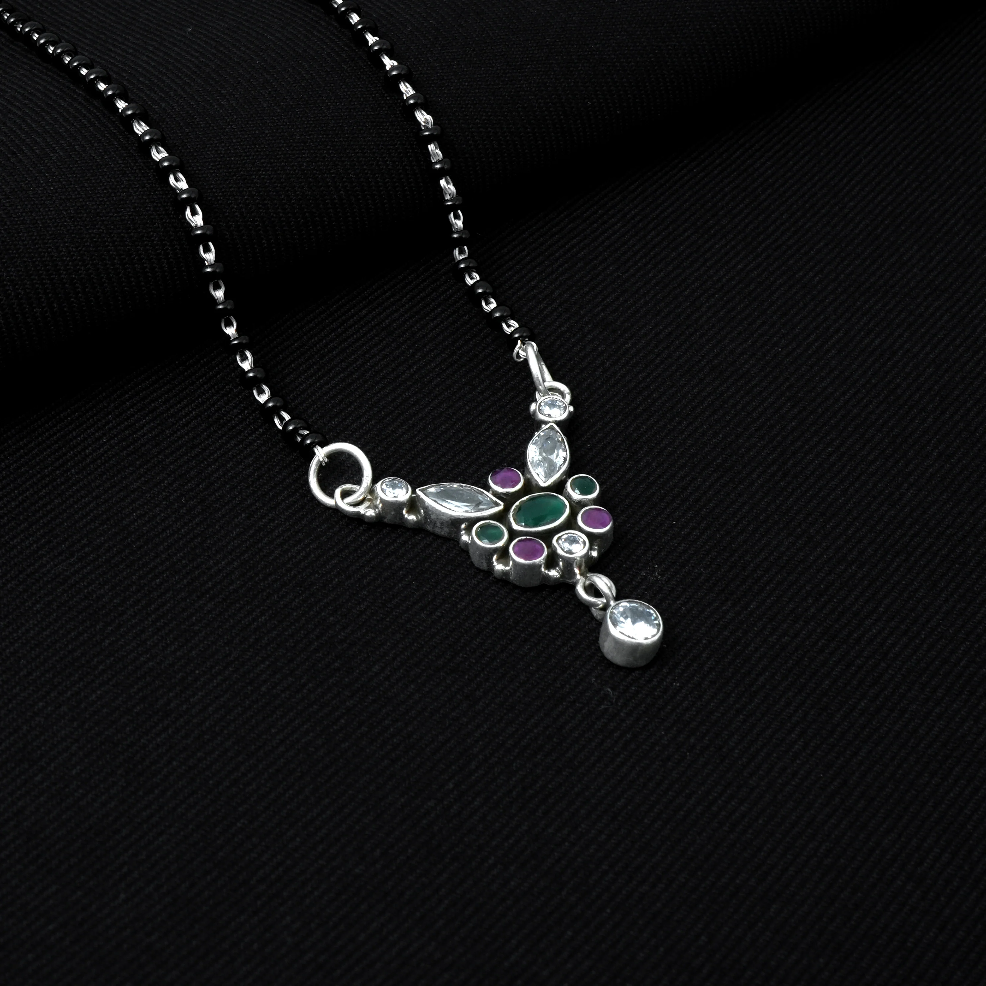 Modern Silver Mangalsutra Featuring Pendant with Array of Shaped Stones. - Image 2