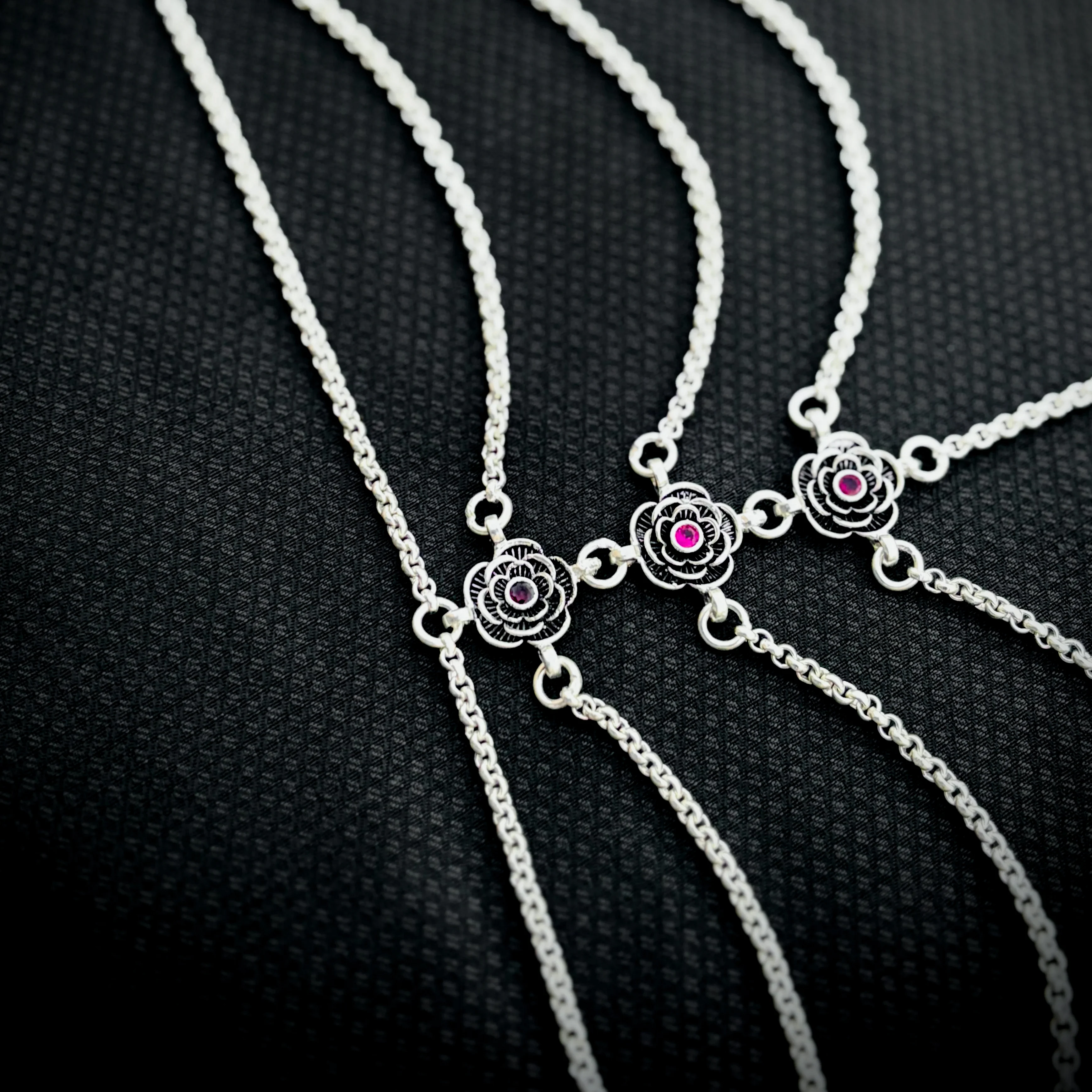 Multichain Flower Design Silver Payal with Red Stones - Image 2